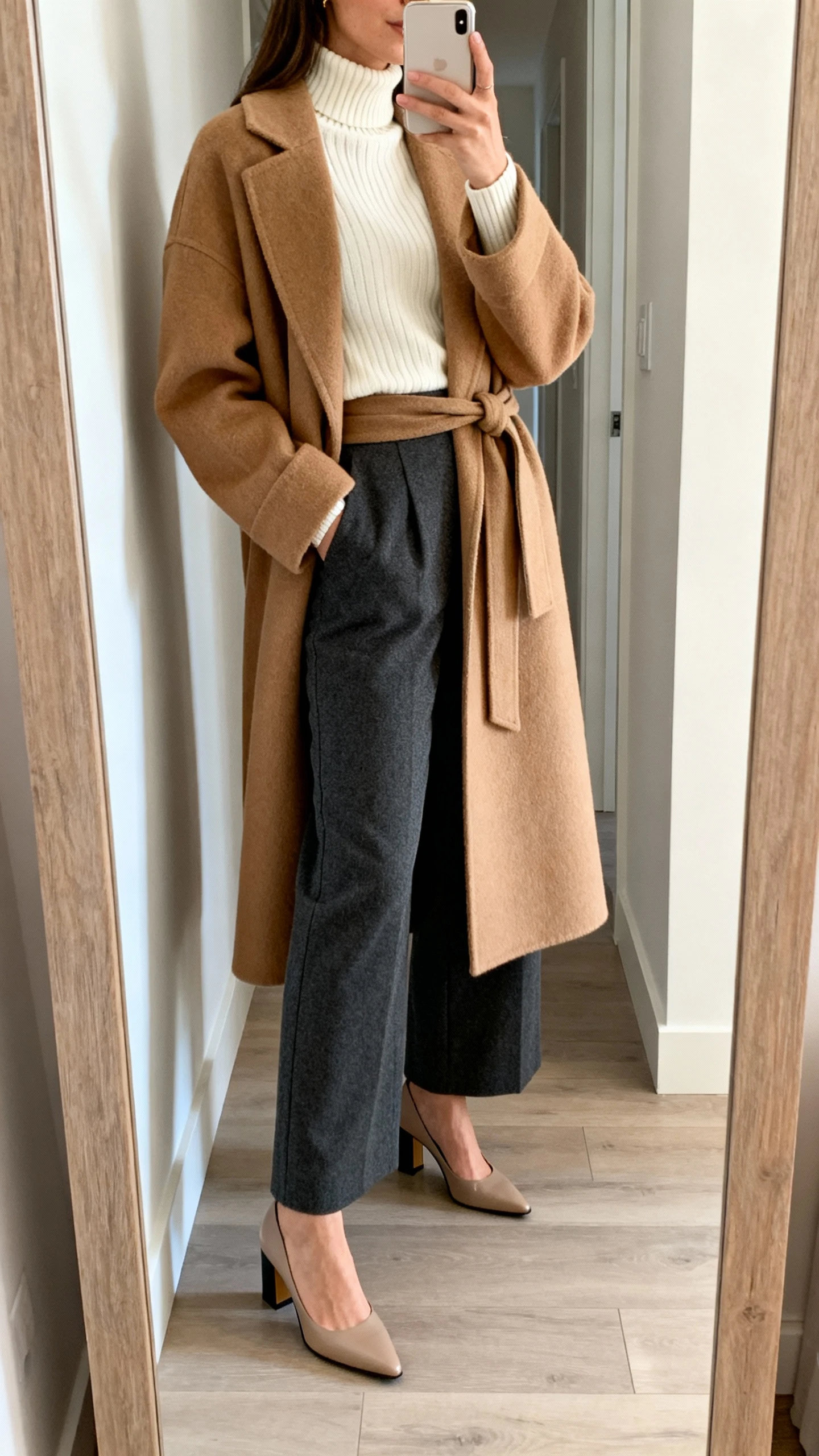 iPhone side-angle mirror selfie of a woman wearing high-waisted charcoal wide-leg trousers, a cream mock-neck knit top, a camel wool wrap coat with tie belt, and sleek block-heel pumps, face not visible, cropped at shoulders, hallway full-length mirror with natural daylight, iPhone photo quality.