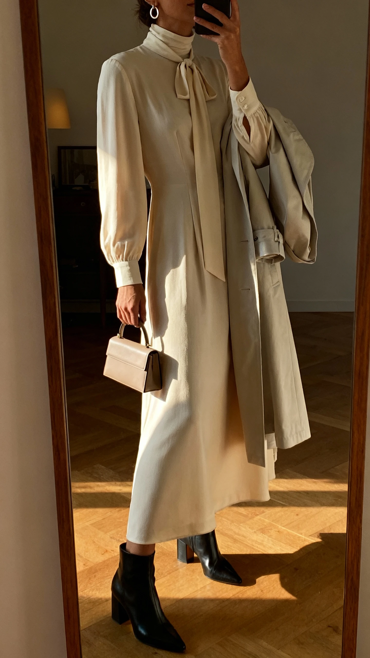 iPhone side-angle mirror selfie of a woman wearing a tie-neck long-sleeve maxi dress with a high neckline, low block-heel sandals or sleek heeled boots, elegant drop earrings or small hoops, a minimal clutch or structured mini tote, and a light duster coat or trench; face not visible, full-length mirror, warm indoor evening light, iPhone photo quality.