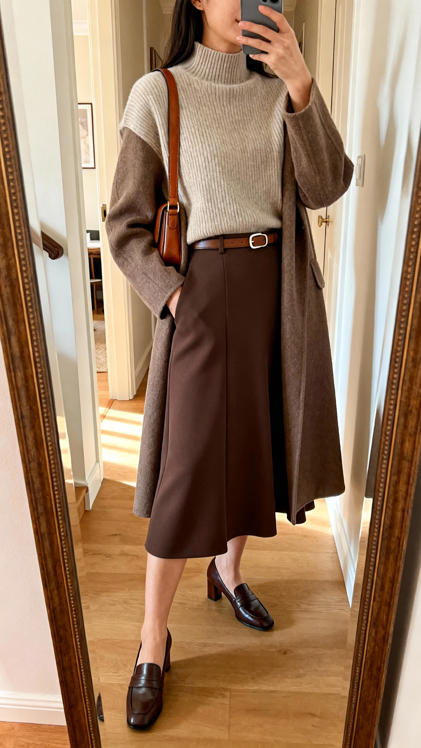 iPhone side-angle mirror selfie of a woman wearing a fine-gauge mock-neck knit top (slightly boxy, hip-length), an A-line midi skirt in crepe, heeled loafers, a minimal small-buckle belt, a longline coat, and a leather shoulder bag; face not visible, full-length mirror in entryway, indoor warm lighting, iPhone photo quality.