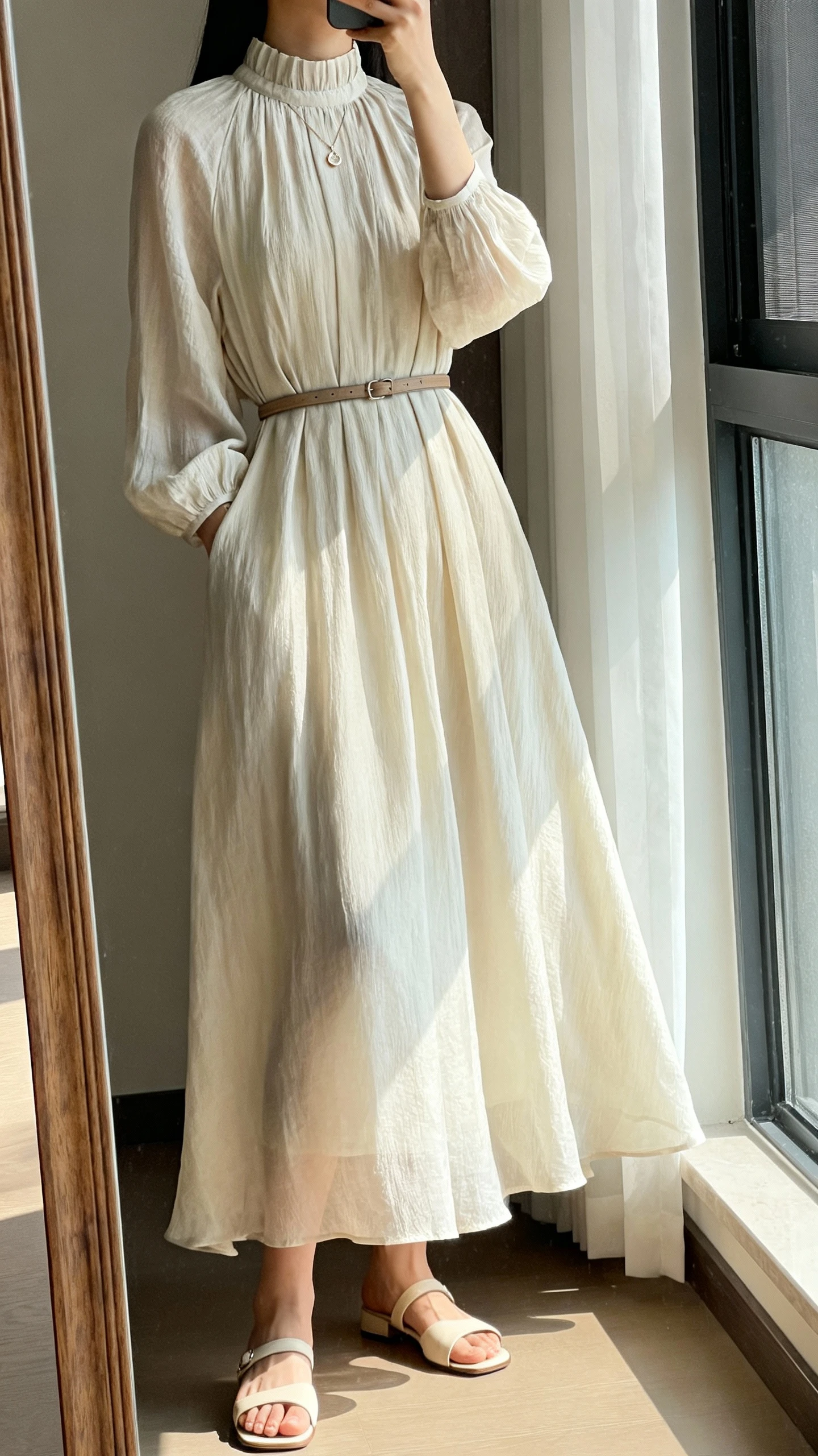 iPhone side-angle mirror selfie of a woman wearing a flowing high-neck maxi dress with a subtle belt, dainty pendant, low heeled sandals, face not visible, full-length mirror near window, gentle afternoon light, iPhone photo quality.
