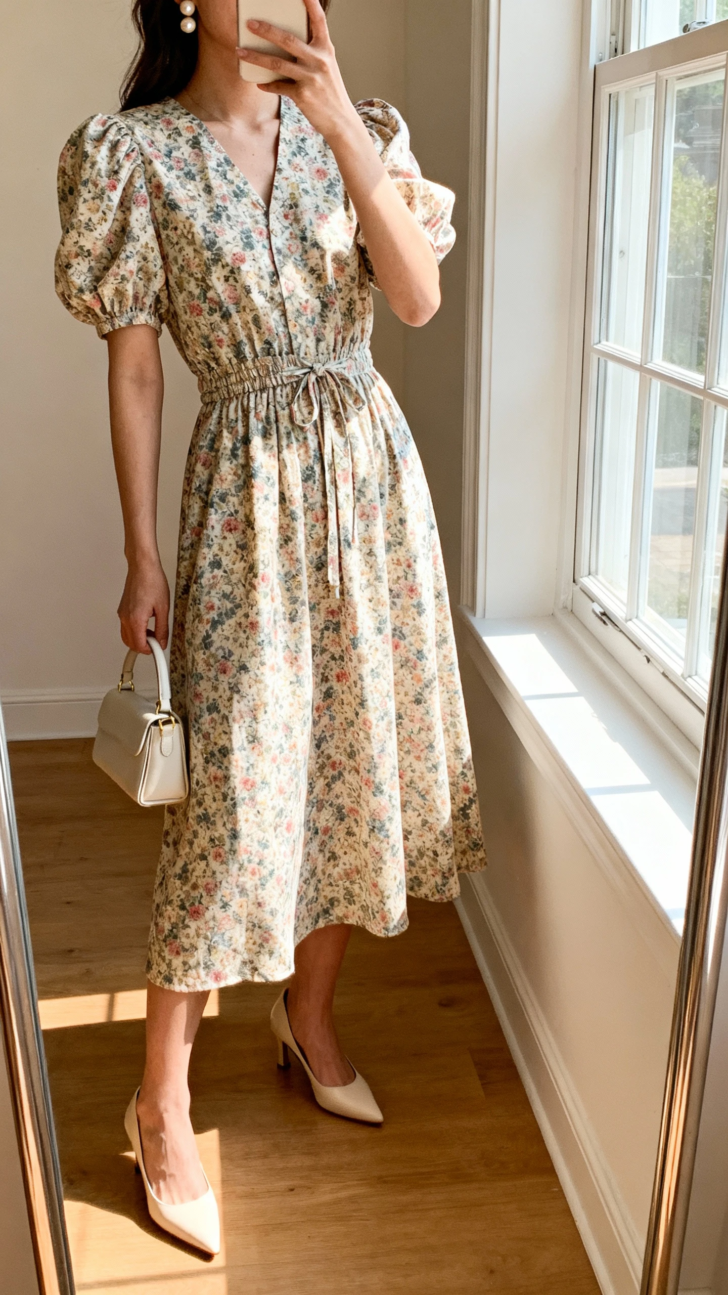 iPhone side-angle selfie of a woman wearing a floral midi dress with vintage-inspired charm, cinched waist, gentle puff sleeves, pearl studs, kitten heels, and a small top-handle bag; face not visible, full-length mirror near window, warm indoor daylight, iPhone photo quality.