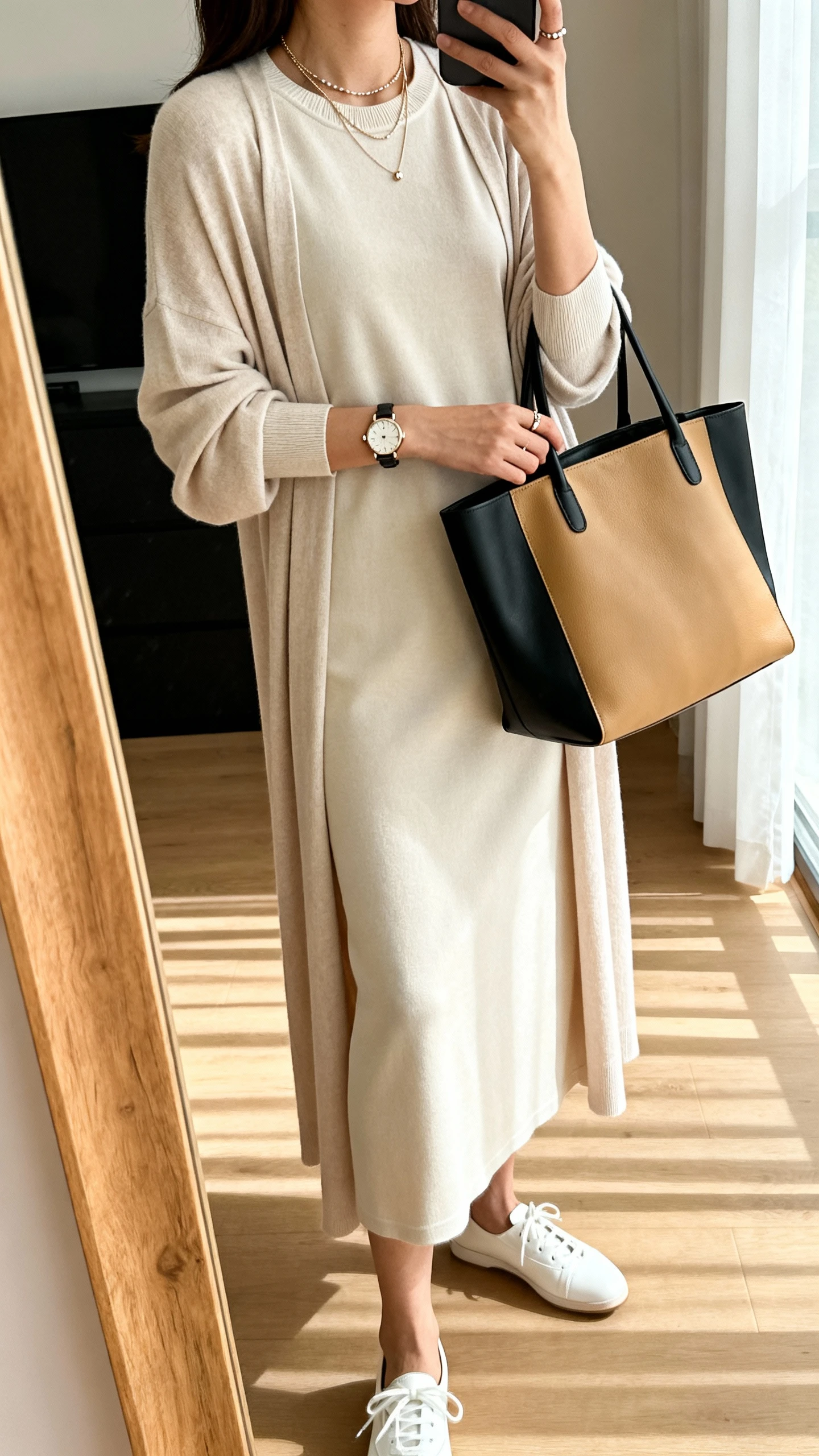 iPhone side-angle selfie of a woman wearing a soft column/straight midi or maxi dress with a crew neckline, a long maxi cardigan or lightweight duster, polished white sneakers or sleek ballet flats, layered delicate necklaces, a classic watch with understated studs, and a medium tote bag in tan or black; face not visible, cropped at shoulders, full-length mirror, indoor daylight, iPhone photo quality.