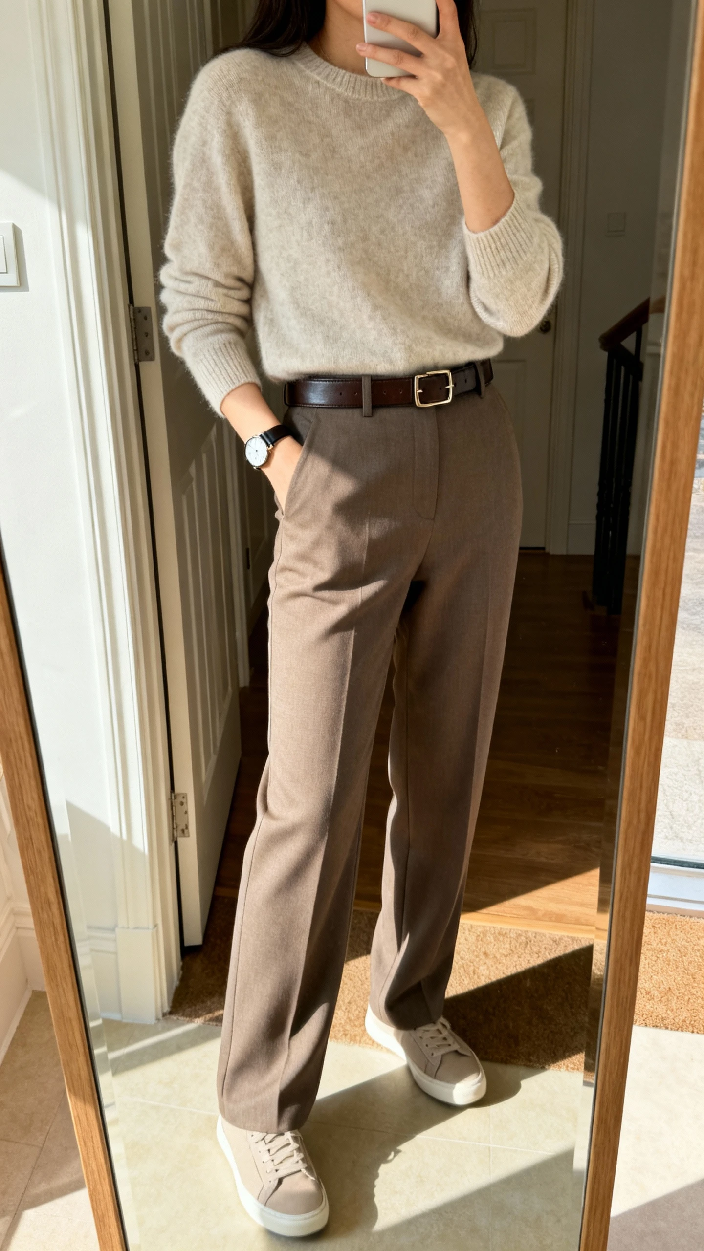 iPhone side mirror selfie of a woman wearing tailored trousers and a soft crewneck sweater, sleek leather belt, minimalist sneakers, and a slim wristwatch, face not visible, cropped at shoulders, entryway mirror, bright morning natural light, iPhone photo quality.