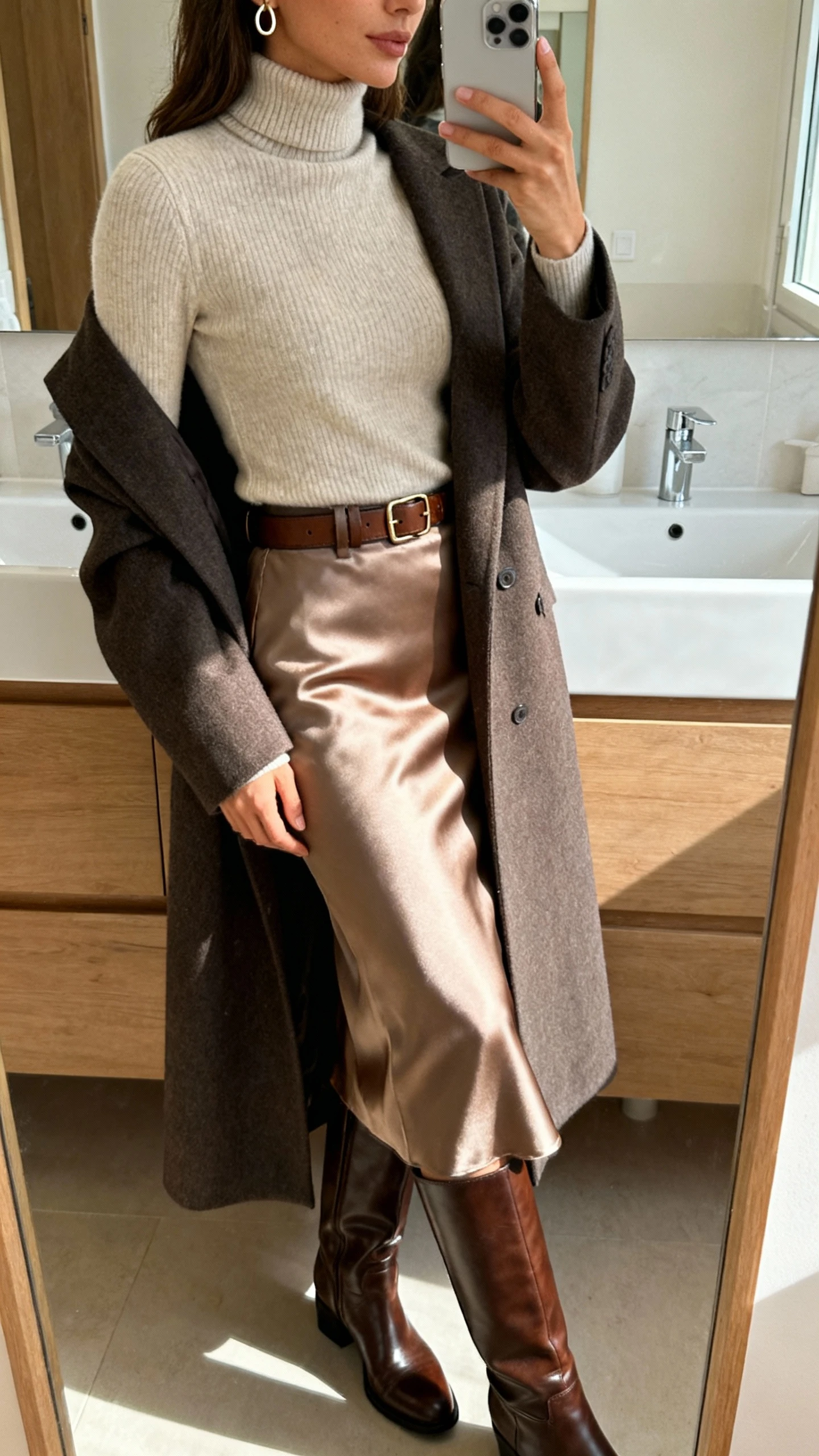 Side-angle iPhone mirror selfie of a woman wearing a fitted cashmere turtleneck tucked into a satin midi skirt, long tailored coat draped over shoulders, knee-high leather boots, leather belt, and small hoop earrings, face not visible, cropped at shoulders, bathroom mirror with natural daylight, iPhone photo quality.