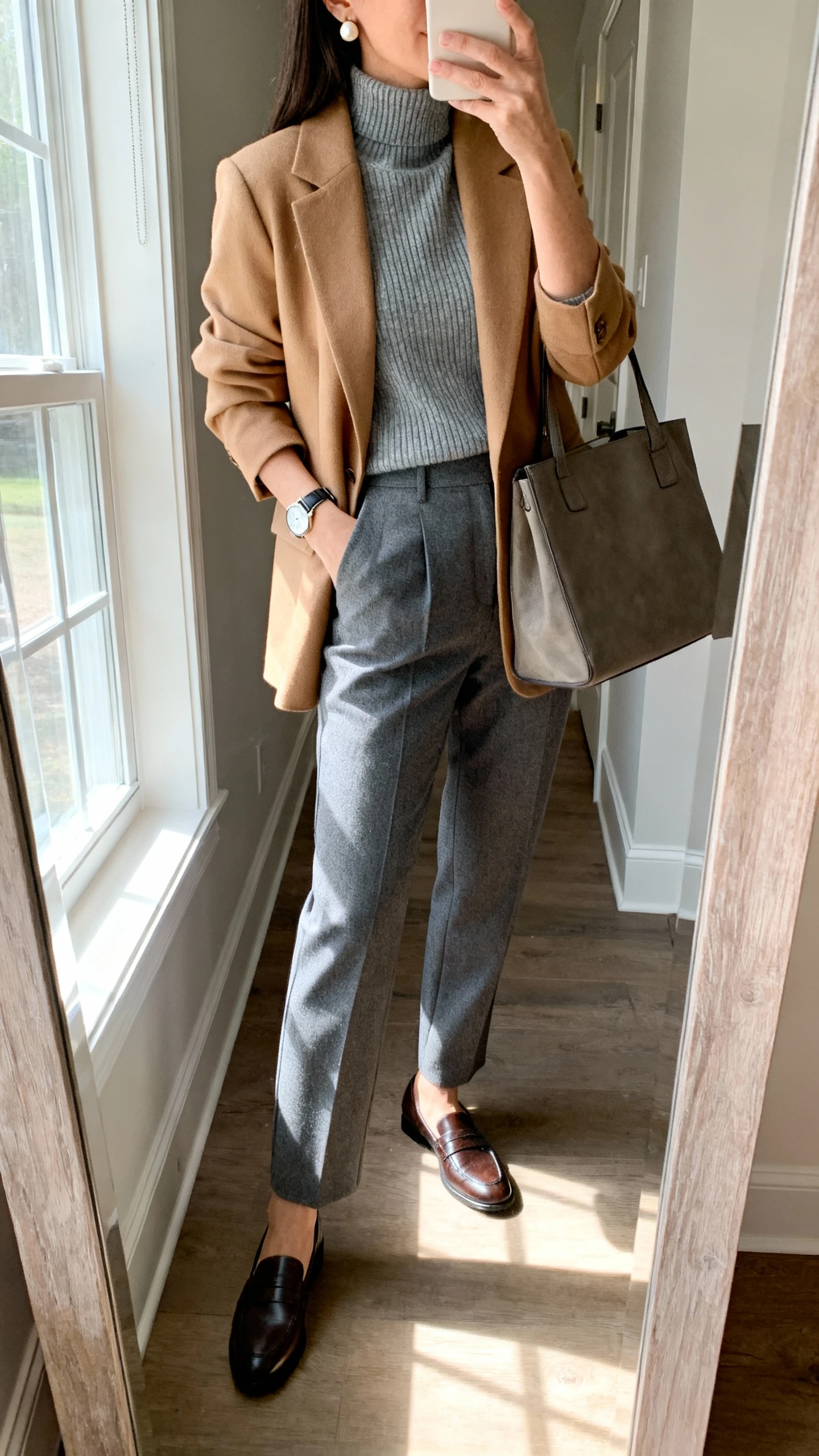 Side-angle iPhone mirror selfie of a woman wearing high-waisted grey tailored trousers, a heather grey fine-gauge mock-neck knit, a camel relaxed-fit blazer, leather loafers, a classic watch and pearl stud earrings, carrying a medium structured bag; face not visible, cropped at shoulders, full-length mirror in hallway, natural window light, iPhone photo quality.