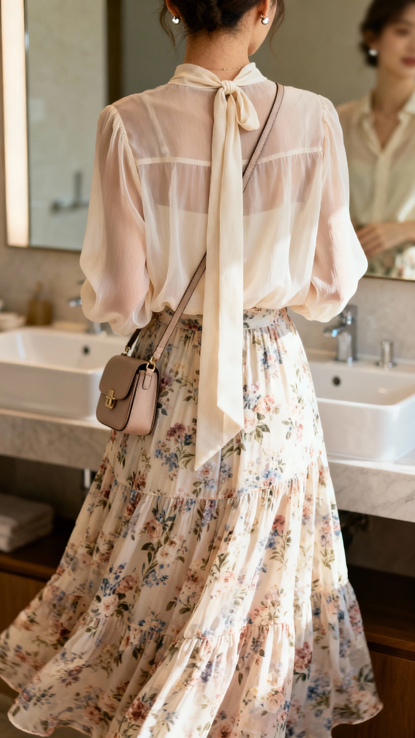 iPhone back-view mirror photo of a woman wearing a tie-neck chiffon blouse with a flowing floral maxi skirt, delicate stud earrings and a small crossbody bag, face not visible, bathroom mirror, morning light, iPhone photo quality.