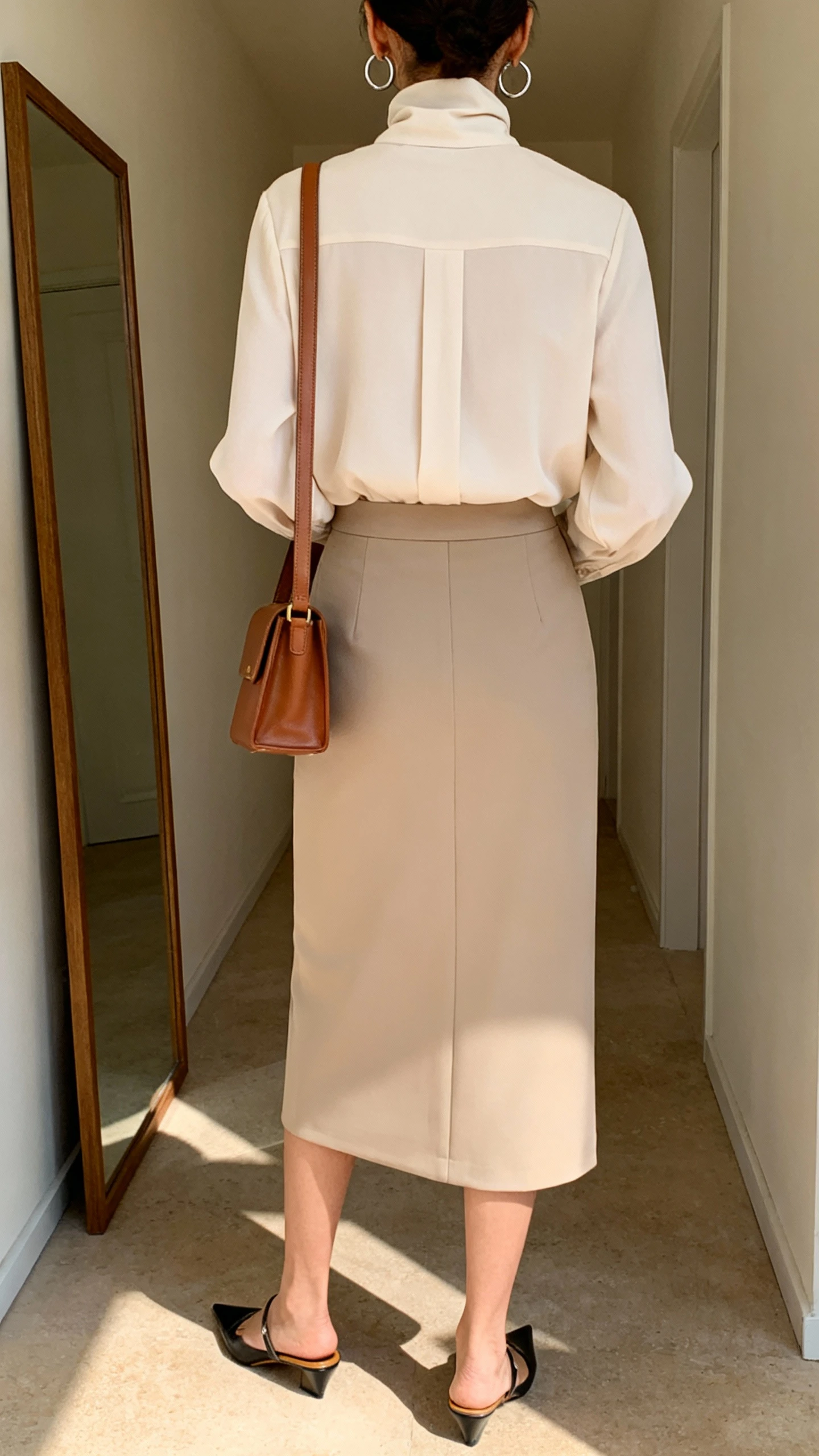 iPhone back view of a woman in a minimalist high-neck blouse paired with a sleek column skirt, simple hoop earrings, leather shoulder bag, and pointed-toe mules, face not visible, hallway mirror, soft afternoon indoor light, iPhone photo quality.