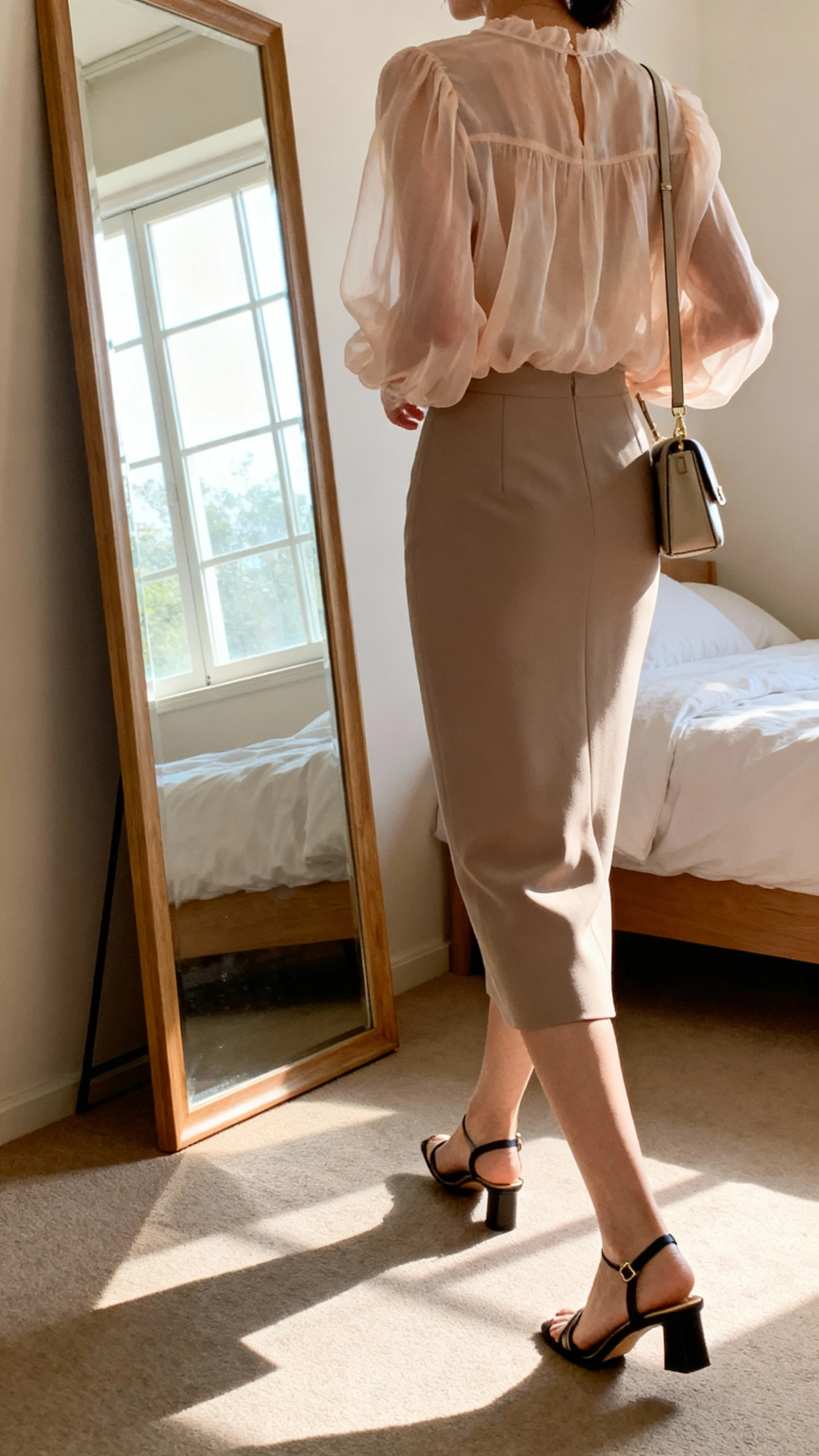 iPhone back view of a woman in a soft chiffon blouse paired with a column skirt, slingback heels, and a small shoulder bag, face not visible, walking pose, bedroom mirror with window light, iPhone photo quality.