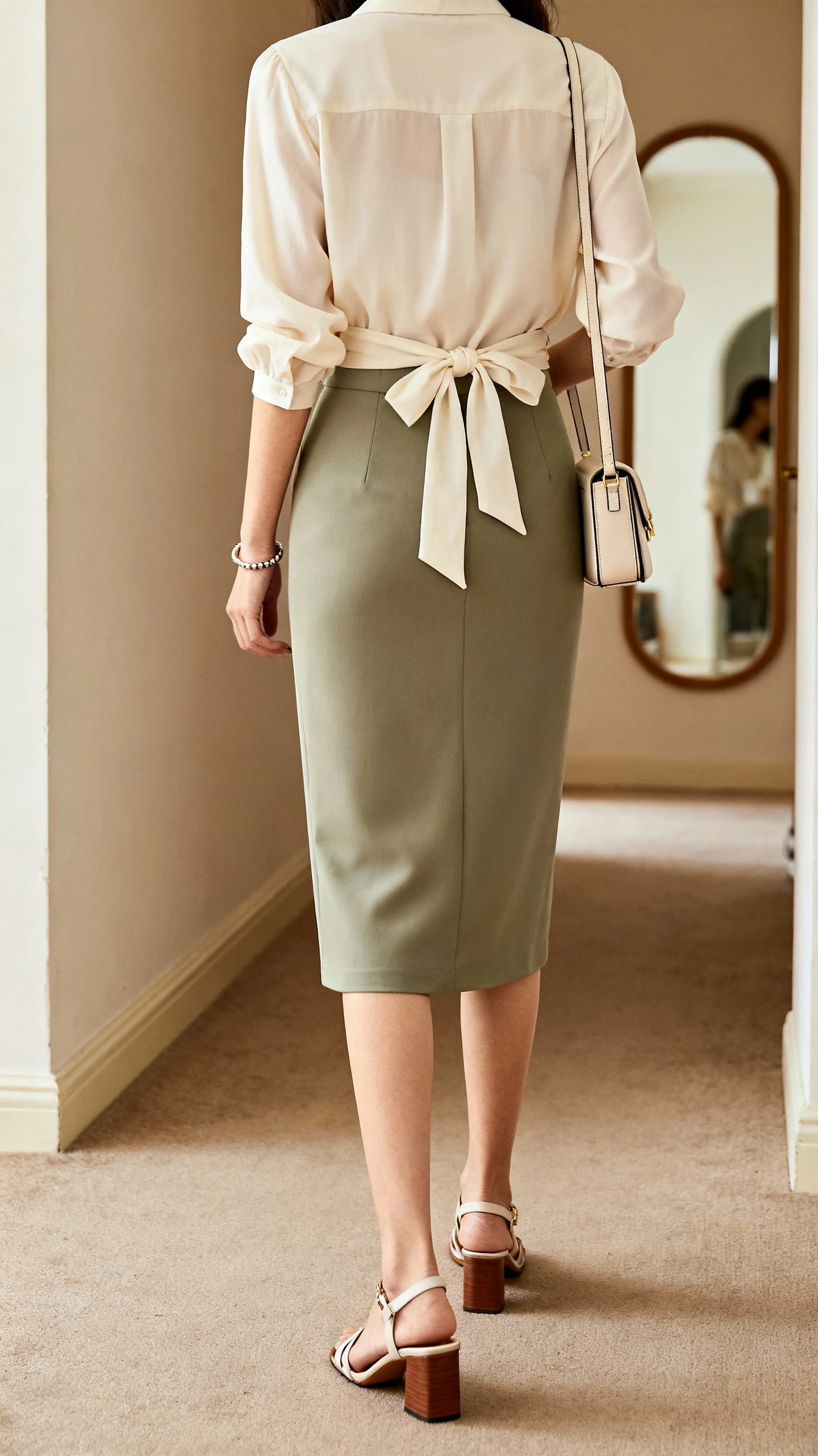 iPhone back view of a woman in a soft tie-waist blouse paired with a midi pencil skirt, block-heel sandals, simple bracelet, and a compact shoulder bag, face not visible, hallway mirror, warm indoor lighting, iPhone photo quality.
