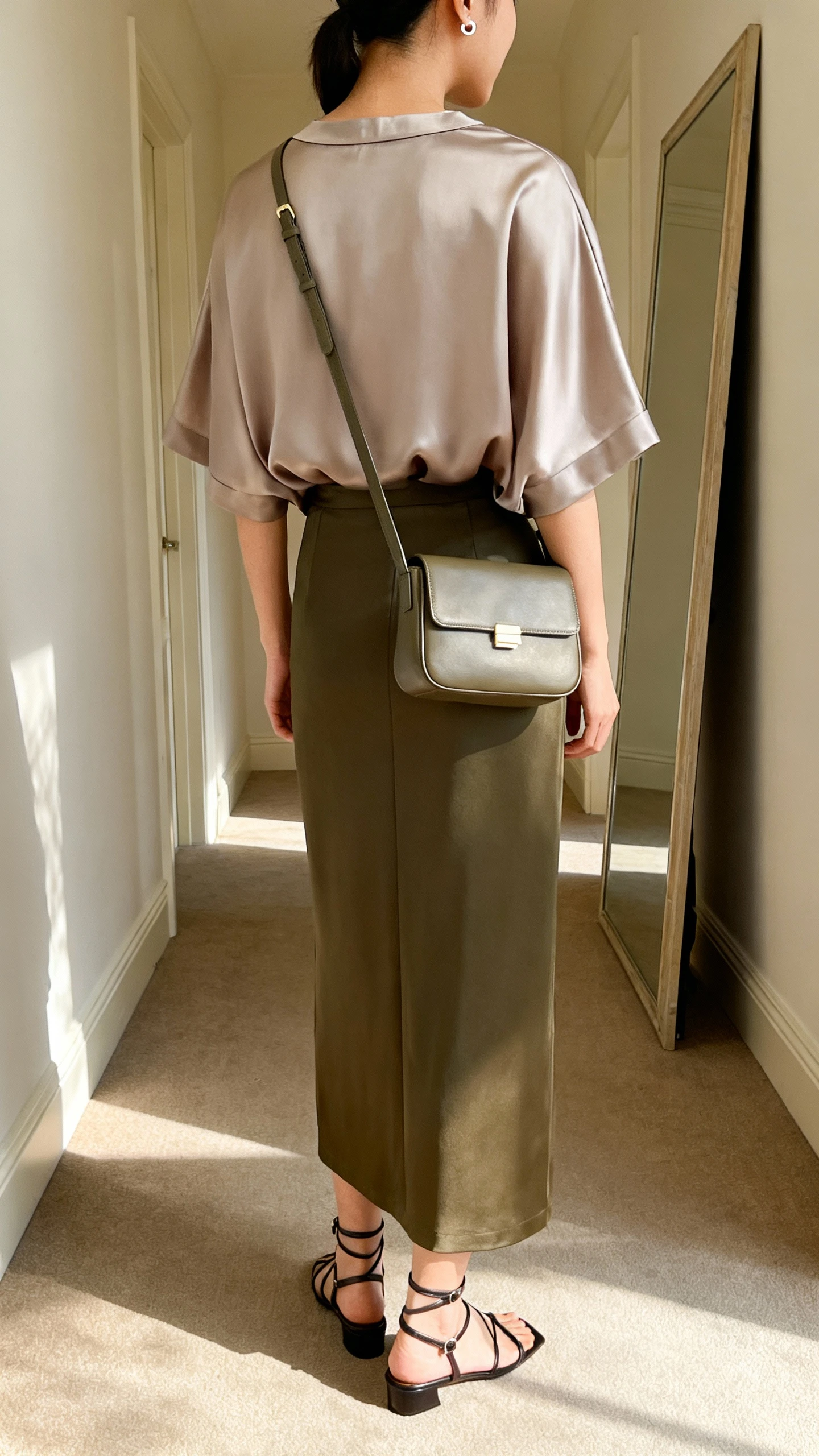 iPhone back view of a woman wearing a boxy silk top with a clean neckline and a sleek column maxi skirt, minimalist stud earrings, structured crossbody bag, and strappy low heels, face not visible, hallway full-length mirror, soft morning light, iPhone photo quality.
