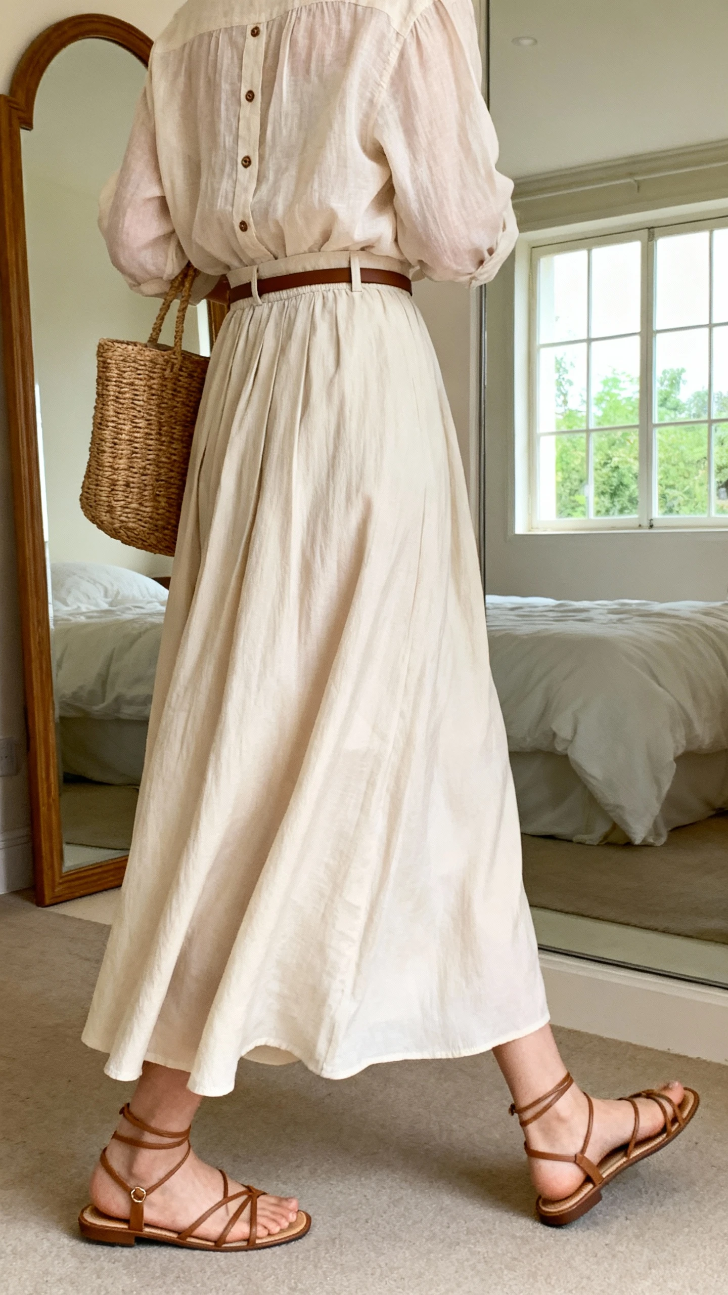 iPhone back view of a woman wearing a breezy buttoned blouse tucked into a flowy maxi skirt with a slim belt, strappy sandals, and a woven tote, face not visible, walking pose, bedroom mirror, natural daylight from window, iPhone photo quality.