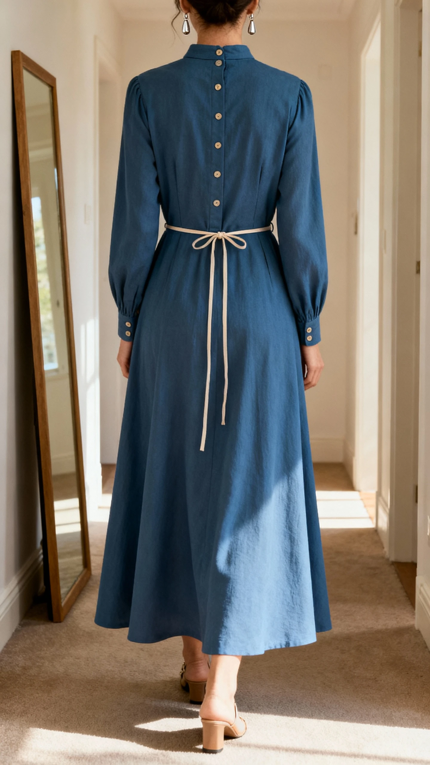 iPhone back view of a woman wearing a classic button-front maxi dress with a modest high neckline, long sleeves, subtle A-line sweep, thin waist tie, and simple drop earrings with low heels, face not visible, hallway full-length mirror, morning light, iPhone photo quality