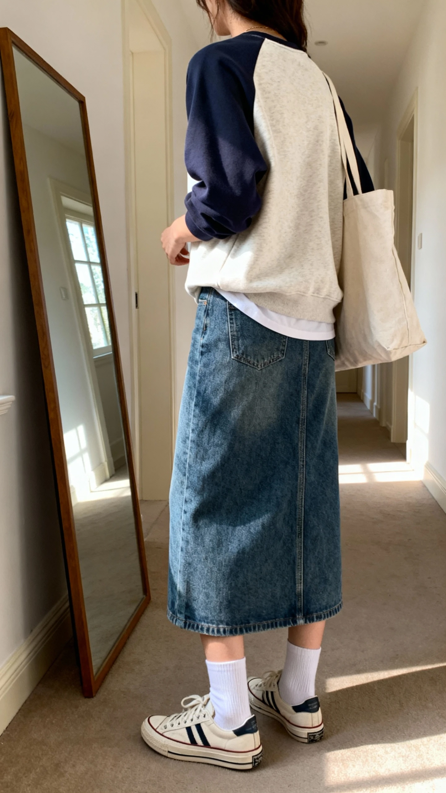 iPhone back view of a woman wearing a cozy crewneck layered over a tee with a denim maxi skirt, white socks, retro sneakers, and a canvas tote; face not visible, hallway full-length mirror, soft afternoon window light, casual iPhone photo quality.