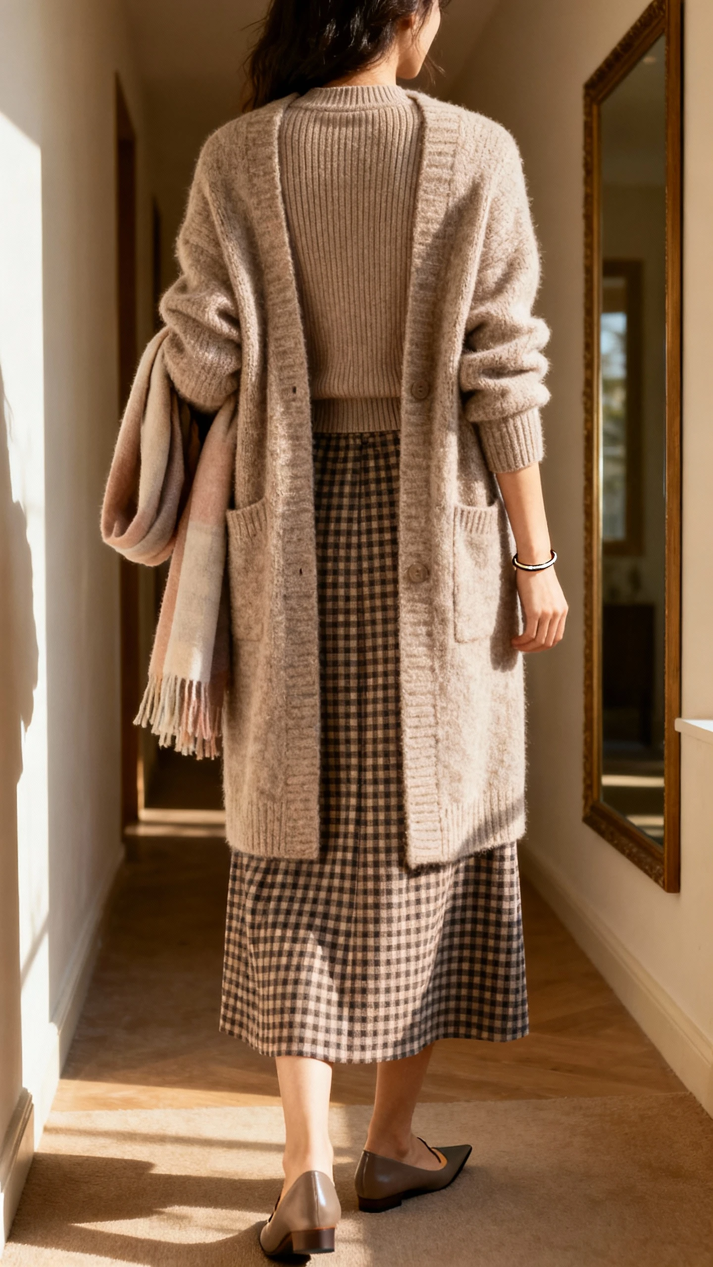iPhone back view of a woman wearing a cozy knit cardigan-coat over a fitted knit shell, gingham long skirt, pointed-toe flats, thin bracelet, and a soft scarf draped over her arm; face not visible, hallway mirror, warm afternoon light, iPhone photo quality.