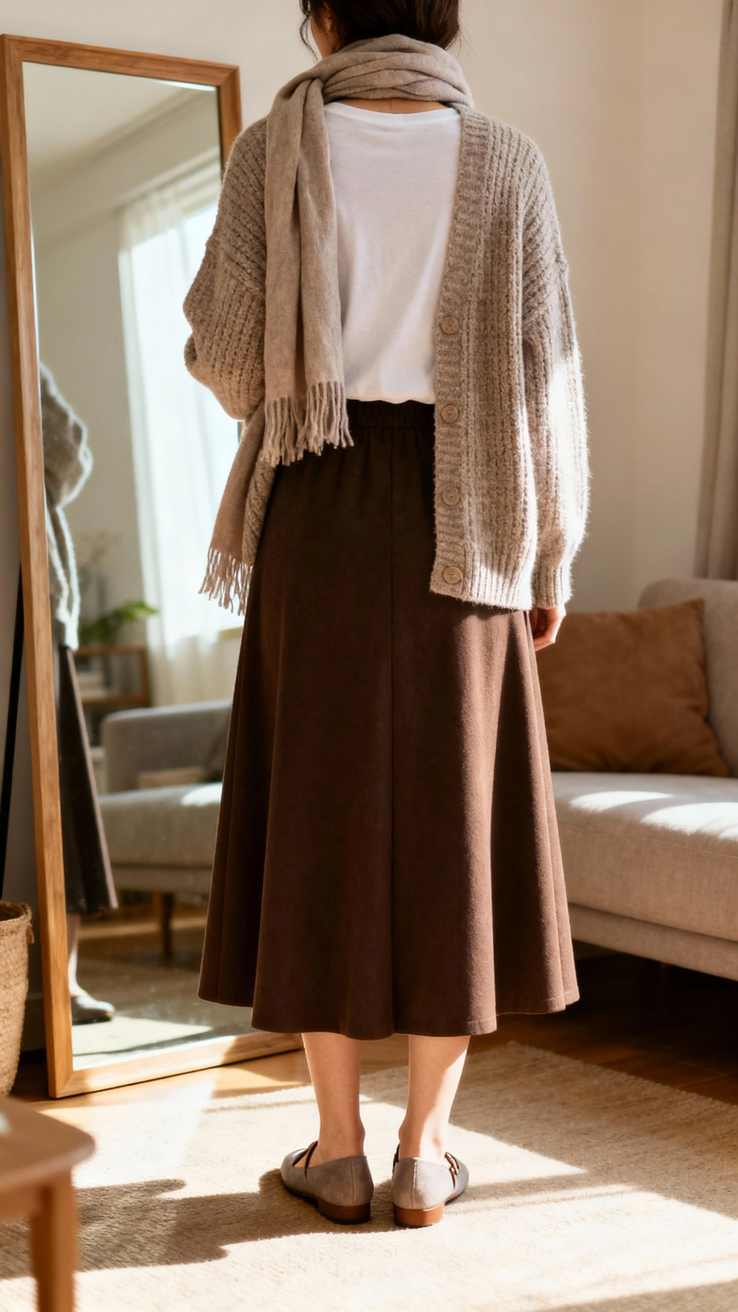 iPhone back view of a woman wearing a cozy knit cardigan over an A-line maxi skirt, simple tee, soft scarf, and comfy flats, face not visible, living room mirror, warm indoor afternoon light, iPhone photo quality.