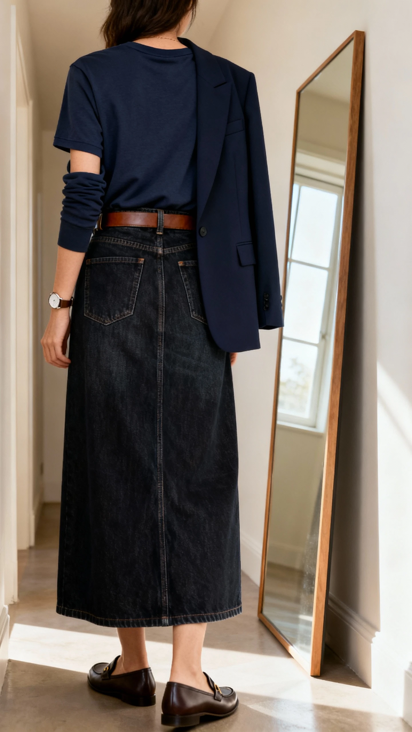 iPhone back view of a woman wearing a dark-wash denim maxi skirt with a navy tailored blazer over a crewneck tee, loafers, a leather belt, and a minimal watch; face not visible, hallway full-length mirror, daylight from window, casual iPhone photo.