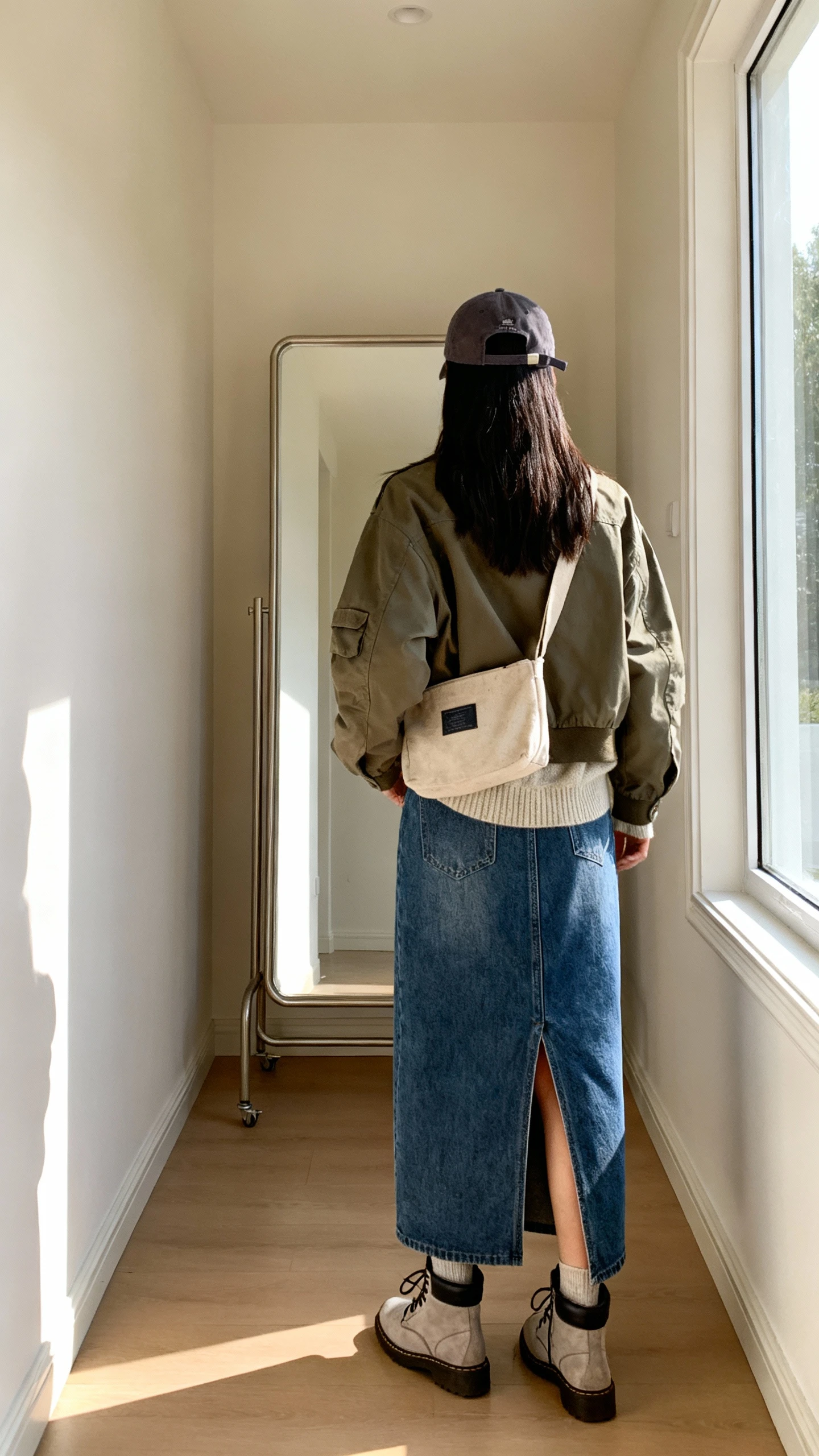iPhone back view of a woman wearing a denim maxi skirt with a slit, utility jacket layered over a lightweight knit, lace-up boots, canvas crossbody, and baseball cap; face not visible, hallway full-length mirror, natural daylight from window, casual iPhone photo.