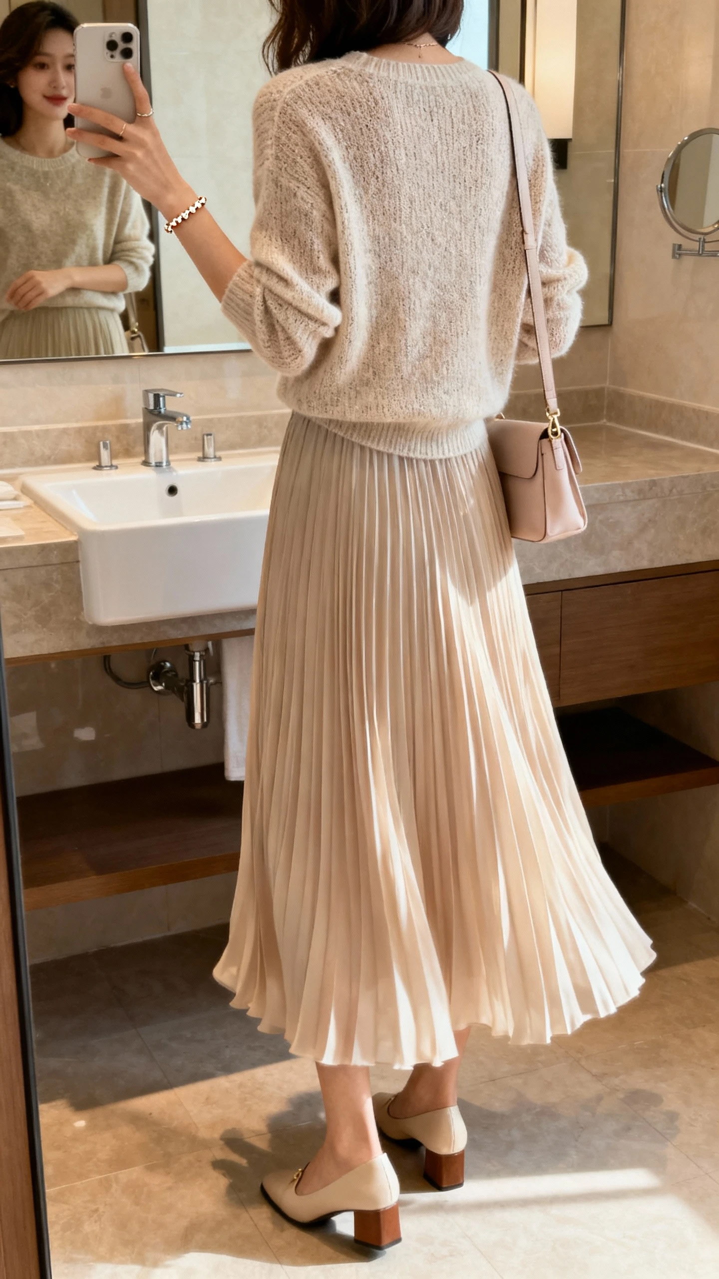 iPhone back view of a woman wearing a flowing pleated midi skirt with a fine knit sweater, low block-heel pumps, dainty bracelet, and a soft shoulder bag, face not visible, bathroom mirror, indoor warm lighting, iPhone photo quality.