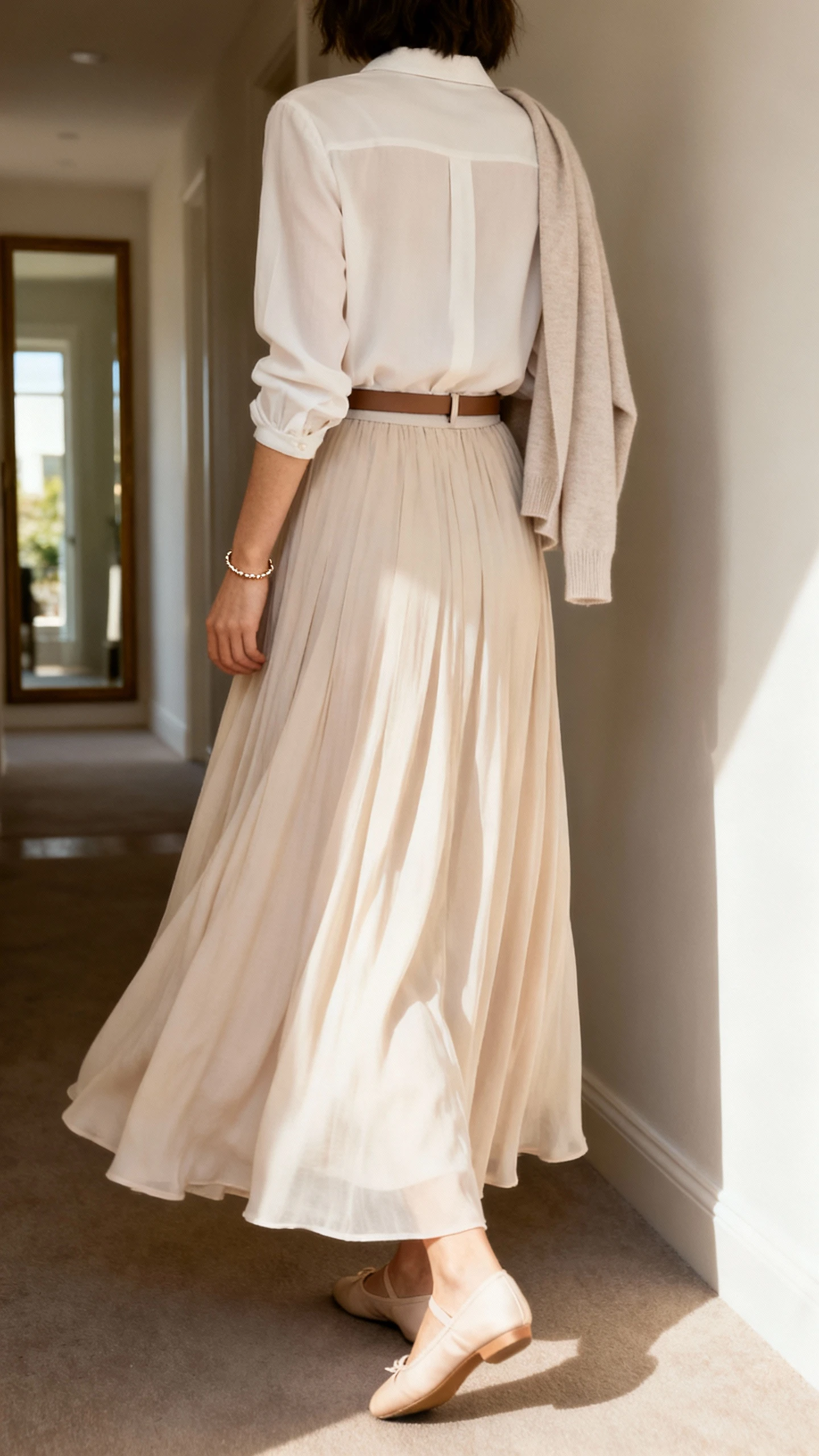 iPhone back view of a woman wearing a flowy maxi skirt and soft long-sleeve blouse tucked in, slim belt, ballet flats, lightweight cardigan draped over shoulders, dainty bracelet, face not visible, hallway mirror, natural daylight, iPhone photo quality