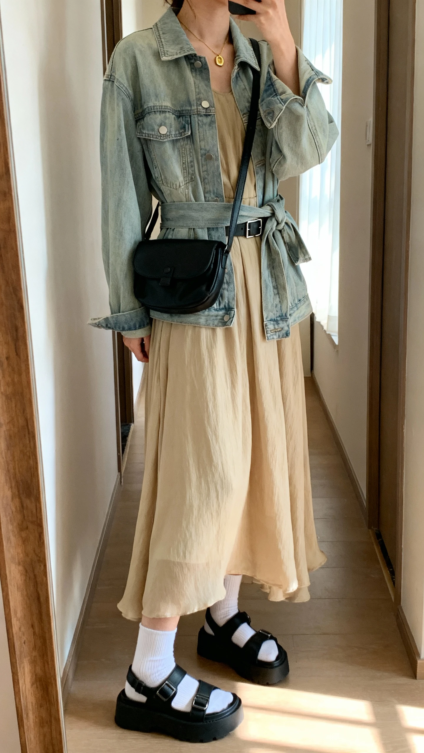 iPhone back view of a woman wearing a flowy sand maxi dress layered with a light denim jacket tied at the waist, black belt bag worn crossbody, white crew socks, chunky black sandals, delicate gold pendant; face not visible, hallway mirror, soft afternoon window light, iPhone photo quality.