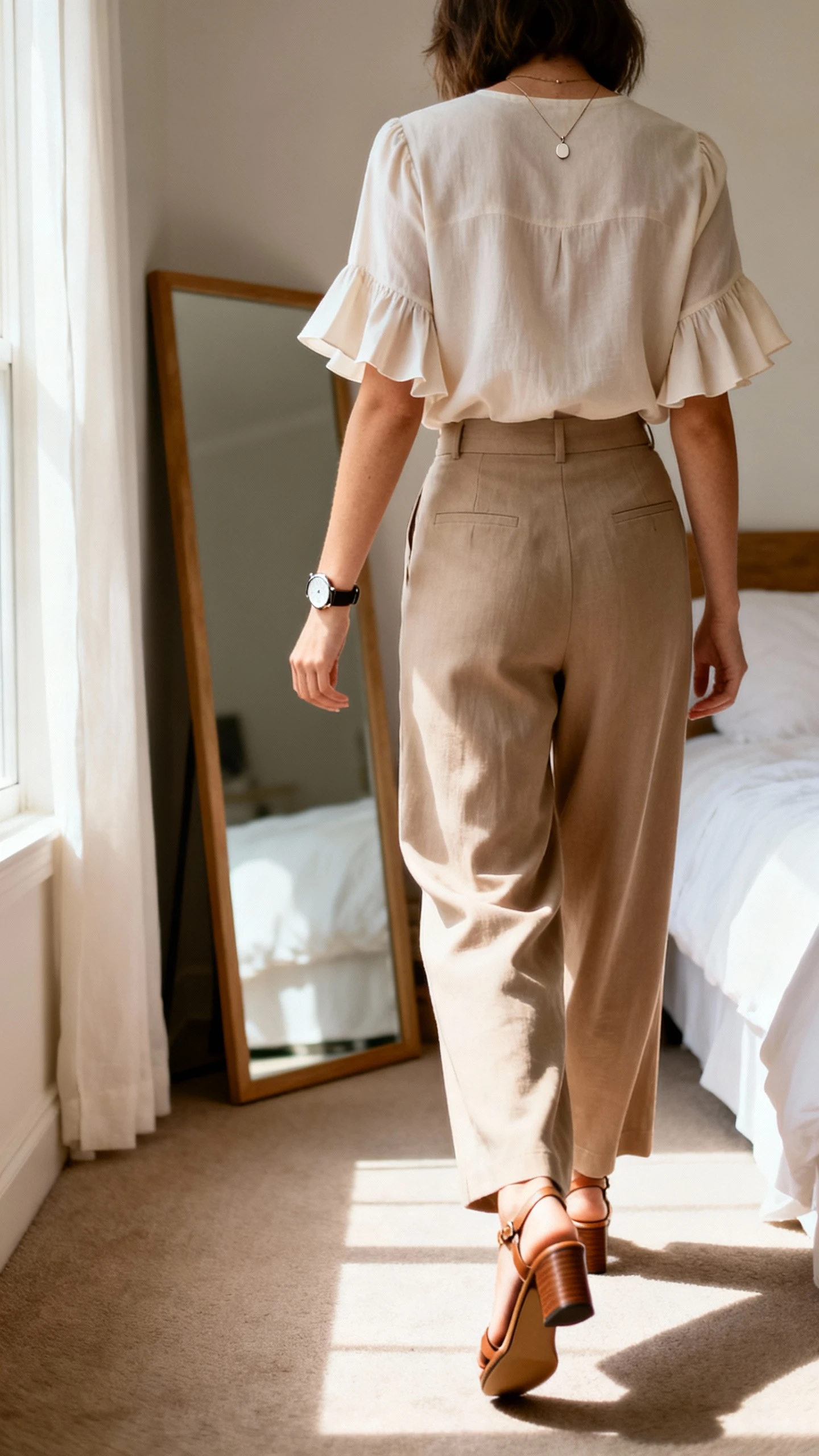 iPhone back view of a woman wearing a flutter-sleeve blouse with high-waist wide-leg trousers, block-heel sandals, a minimalist pendant necklace, and a wristwatch, face not visible, walking pose toward bedroom mirror, afternoon window light, iPhone photo quality.