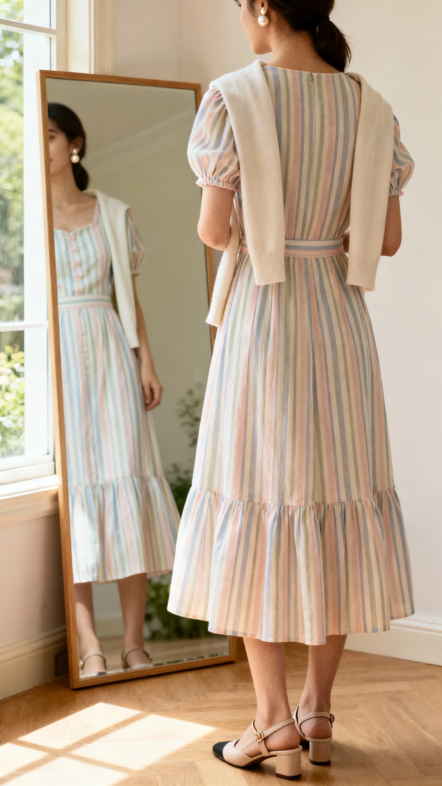 iPhone back view of a woman wearing a garden-party striped midi dress (soft pastel stripes, short puff sleeves, modest neckline, flowy skirt) styled with a light cardigan over shoulders, pearl studs, and low slingback flats; face not visible, full-length mirror near window, morning light, iPhone photo quality.