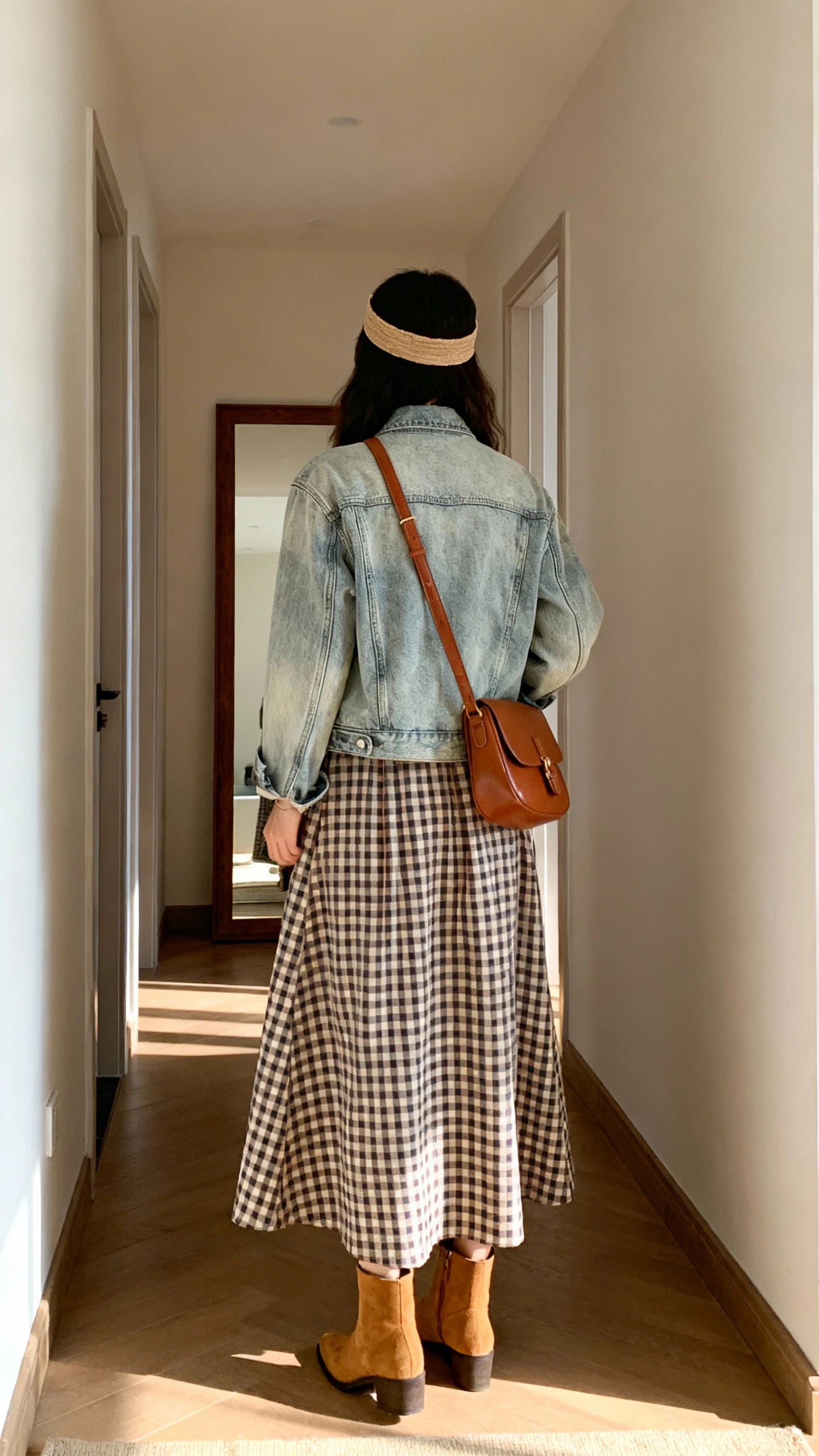 iPhone back view of a woman wearing a heritage-check gingham maxi dress with a light-wash denim jacket, brown leather crossbody bag, tan ankle boots, and a simple headband, face not visible, hallway mirror, afternoon indoor lighting, casual iPhone photo.