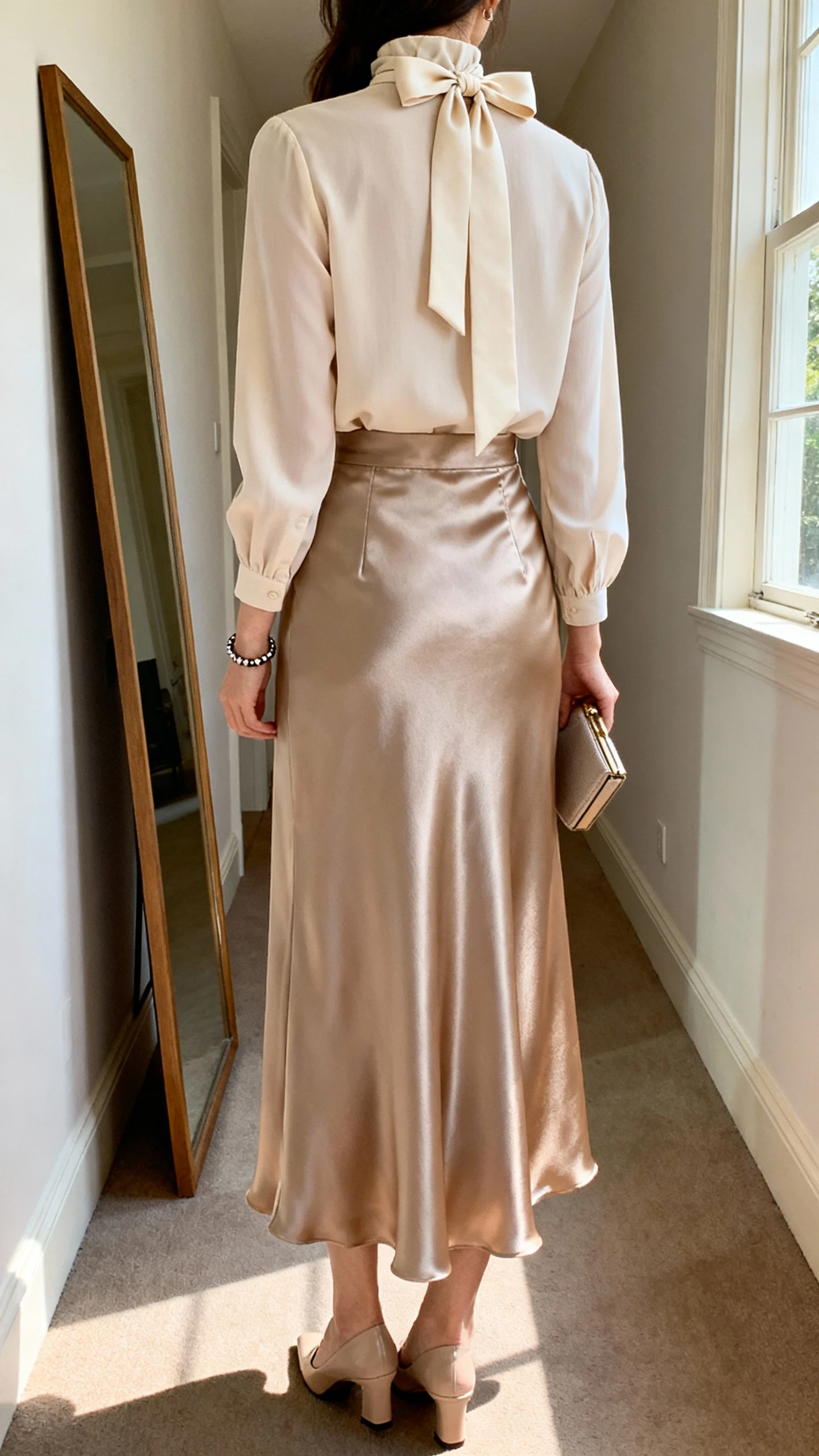 iPhone back view of a woman wearing a high-neck bow-tie blouse with long sleeves and a satin maxi skirt, minimal bracelet, small clutch, and modest heels, face not visible, hallway full-length mirror, natural daylight from window, iPhone photo quality.