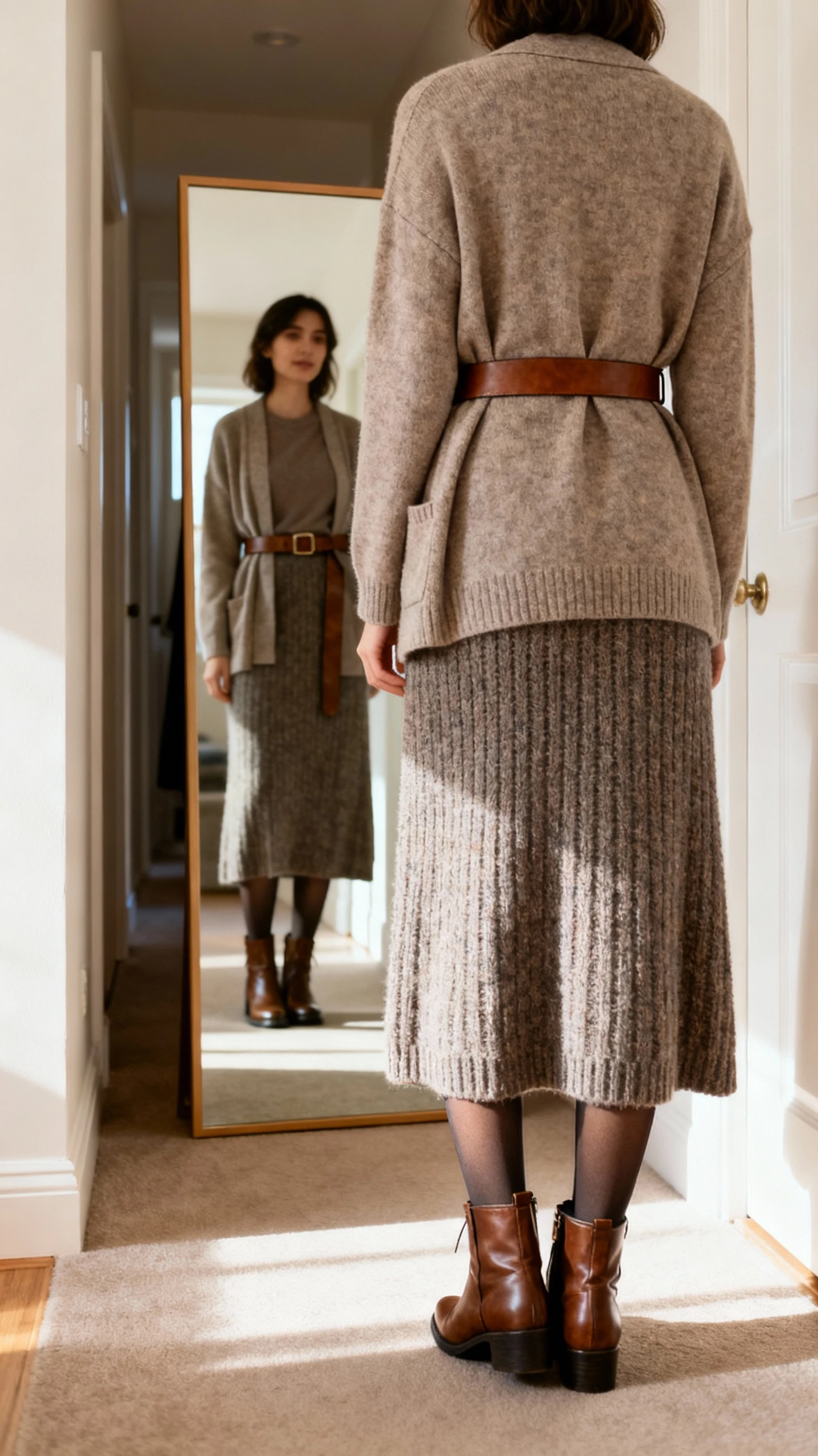 iPhone back view of a woman wearing a knit maxi skirt with a belted cardigan over a modest top, opaque tights, ankle boots, and a slim leather belt, face not visible, hallway full-length mirror, morning indoor light, iPhone photo quality.