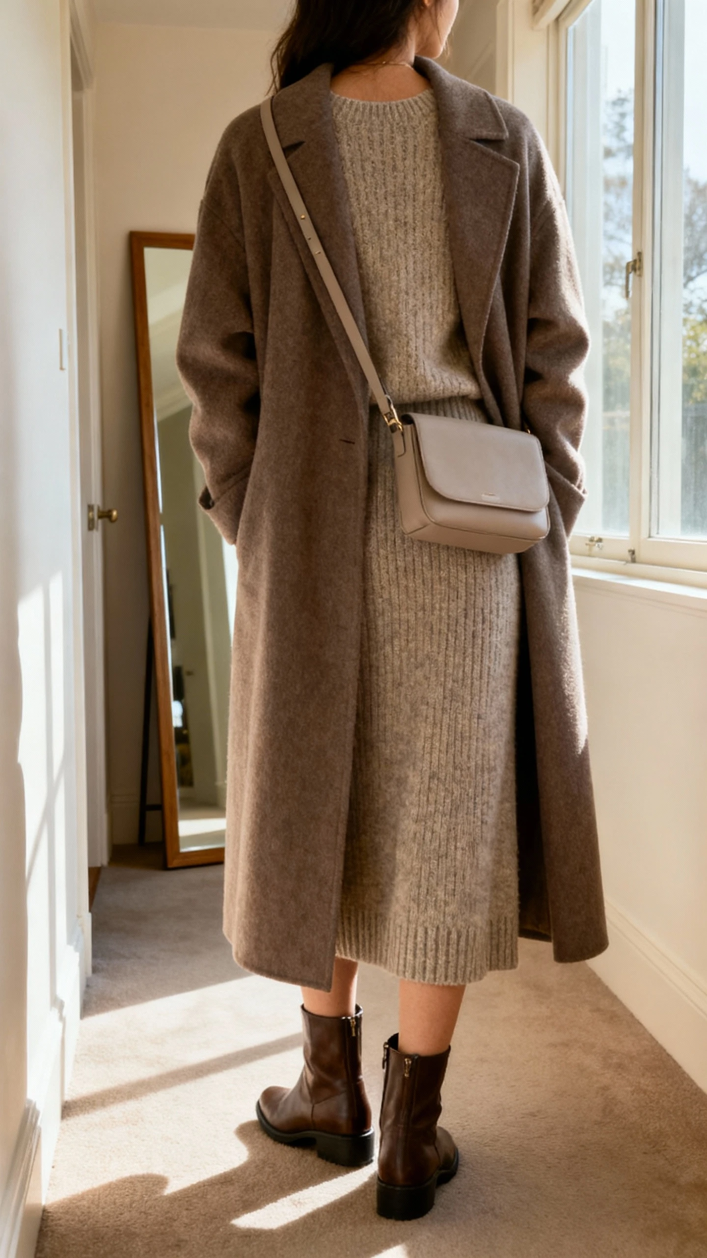 iPhone back view of a woman wearing a knit midi dress layered under a longline coat, ankle boots, and a minimal crossbody bag; face not visible, hallway mirror, soft afternoon window light, casual iPhone photo.