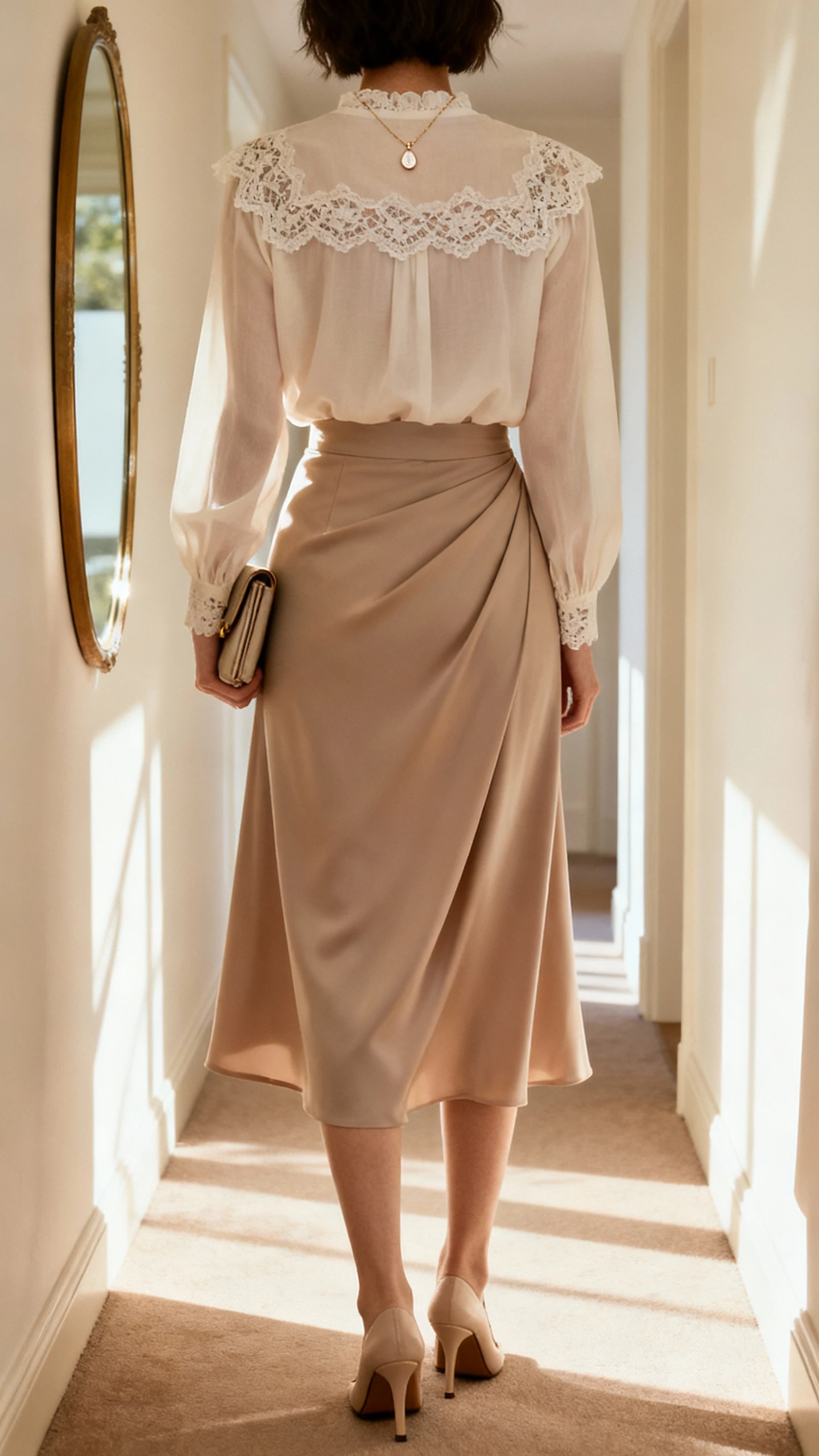iPhone back view of a woman wearing a lace-trim blouse tucked into a flowing bias-cut skirt, kitten-heel pumps, a dainty pendant necklace, and a clutch, face not visible, hallway mirror with soft afternoon light, casual iPhone photo.