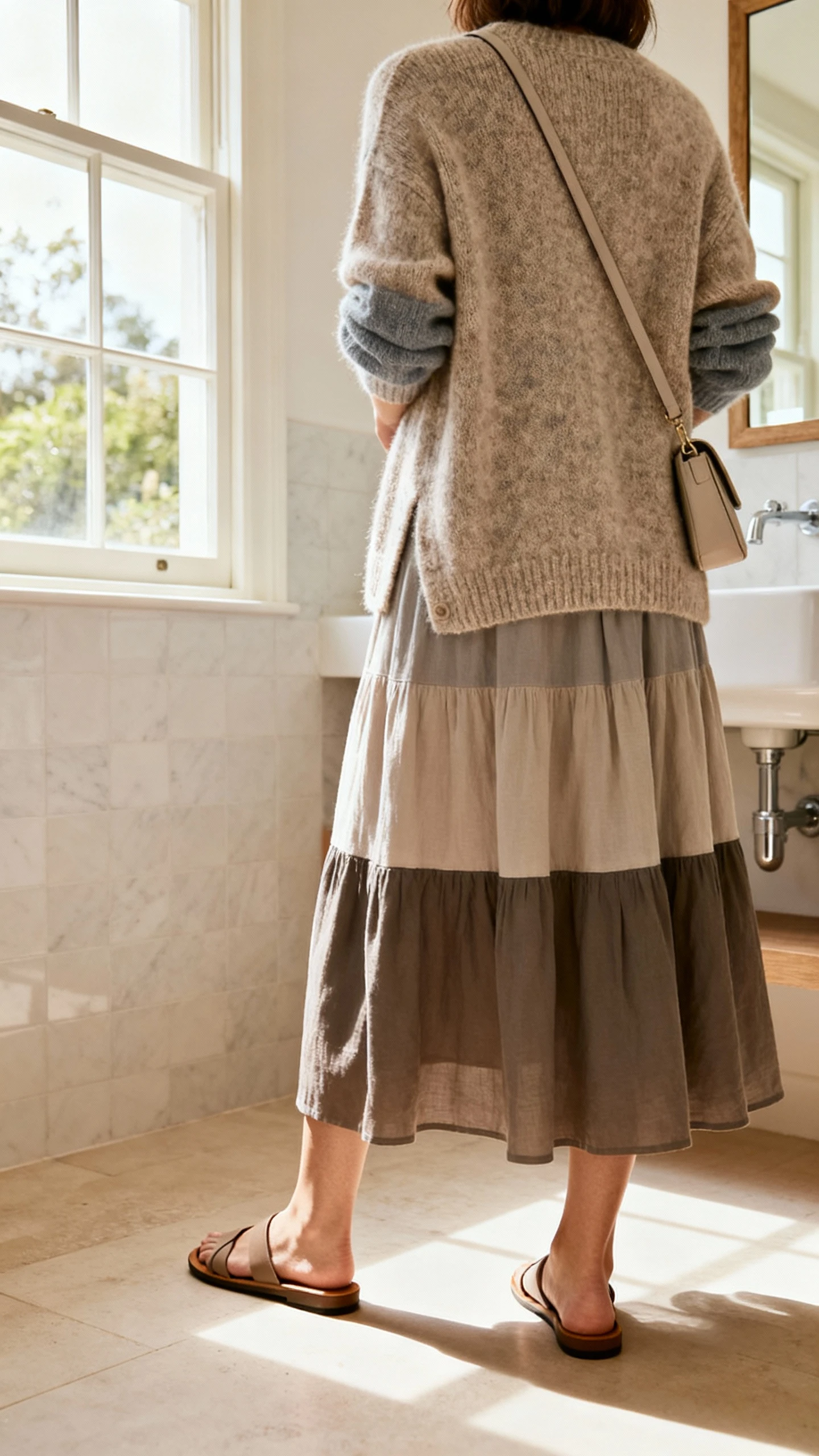 iPhone back view of a woman wearing a layered maxi dress under a cozy knit cardigan, modest hem and sleeves, flat sandals and a minimal crossbody bag, face not visible, casual stance near a bathroom mirror, natural daylight from window, iPhone photo quality.