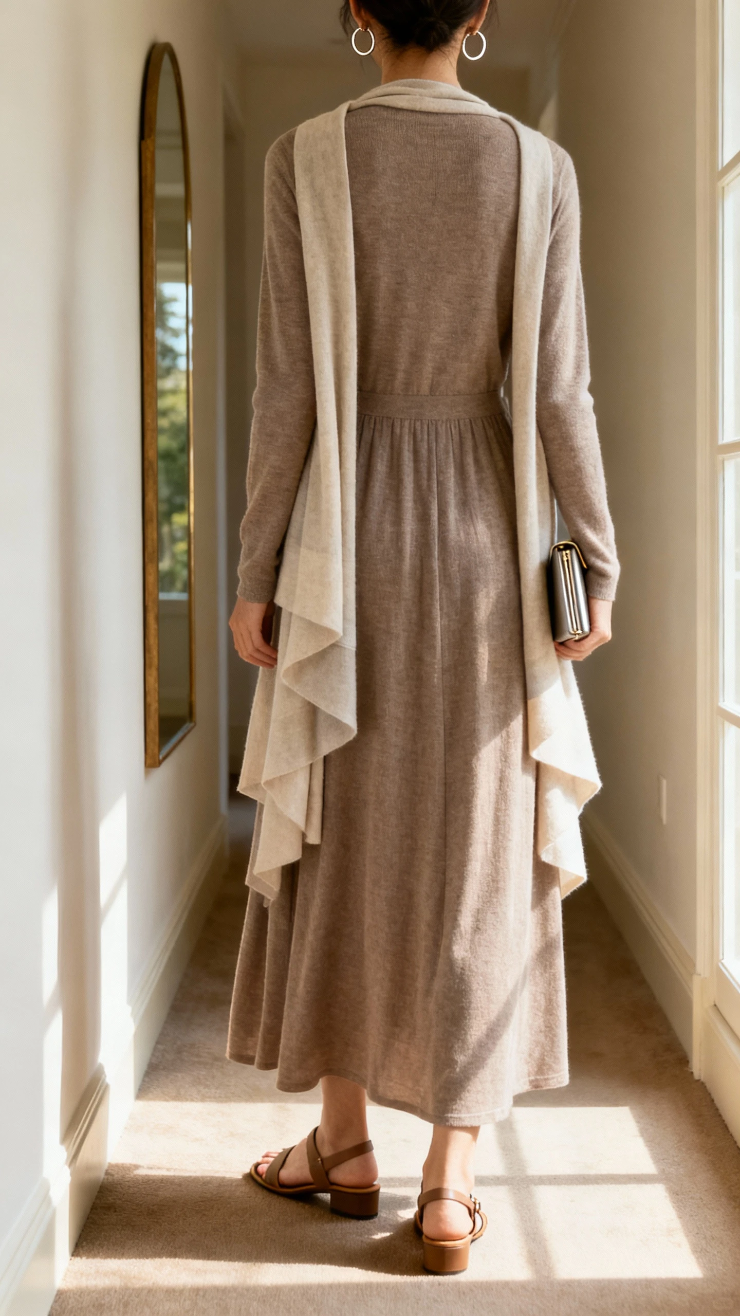 iPhone back view of a woman wearing a long-sleeve maxi dress with soft layered cardigan shawl, low heeled sandals, minimal hoop earrings, and a slim clutch, face not visible, hallway mirror, gentle afternoon window light, iPhone photo quality.