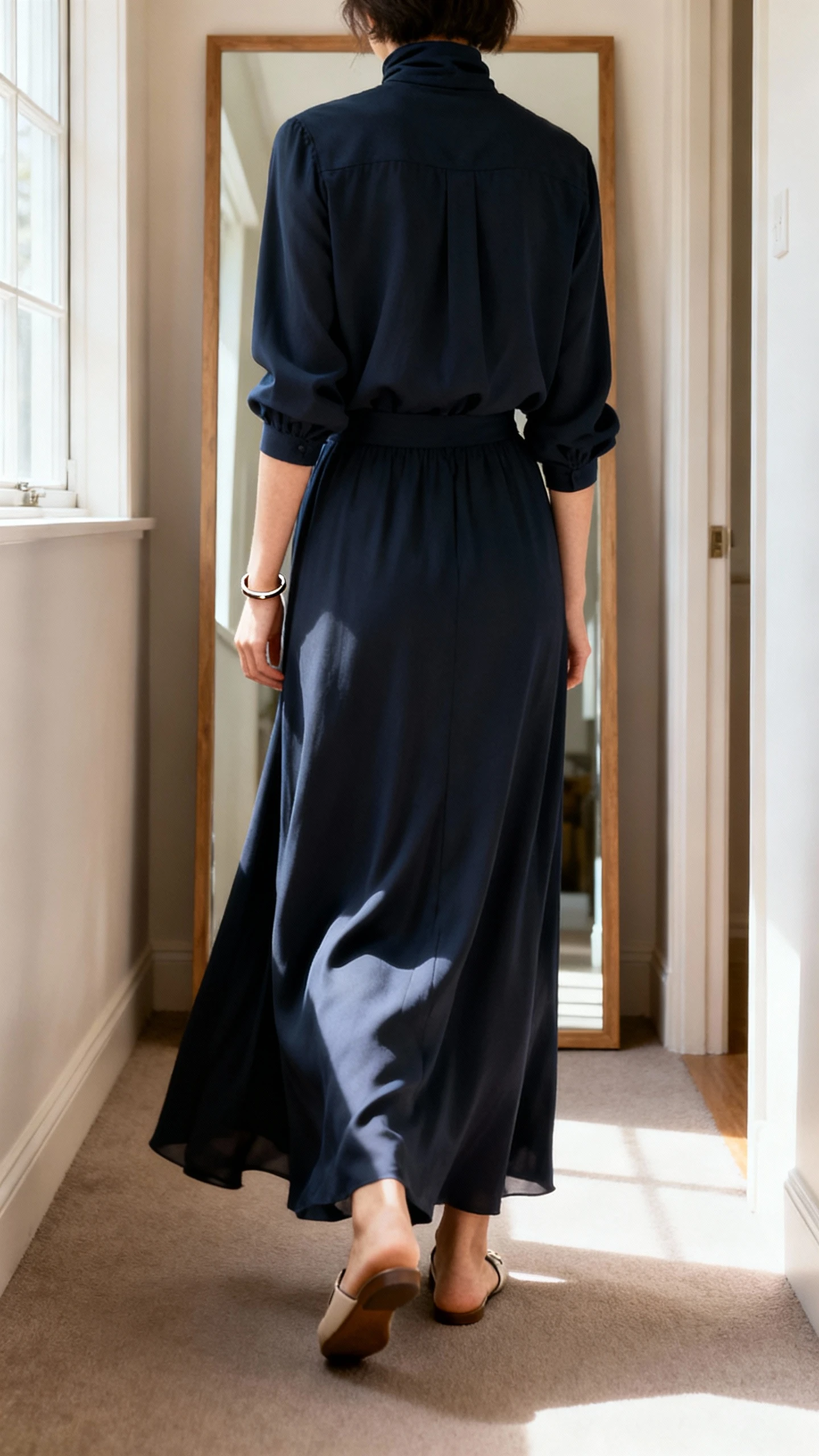 iPhone back view of a woman wearing a monochrome high-neck blouse and matching flowing maxi skirt set with refined flats and a slim bracelet, face not visible, hallway full-length mirror, morning window light, iPhone photo quality.