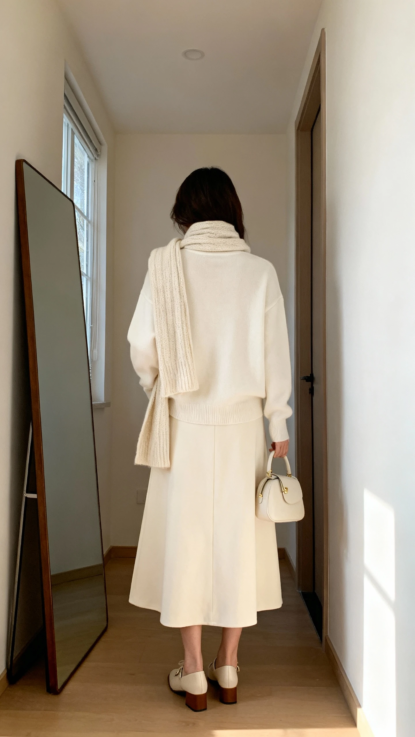 iPhone back view of a woman wearing a monochrome look: ivory crewneck sweater, matching cream long midi skirt, soft knit scarf, low block heels, and a small top-handle bag, face not visible, hallway full-length mirror, natural window light, iPhone photo quality.