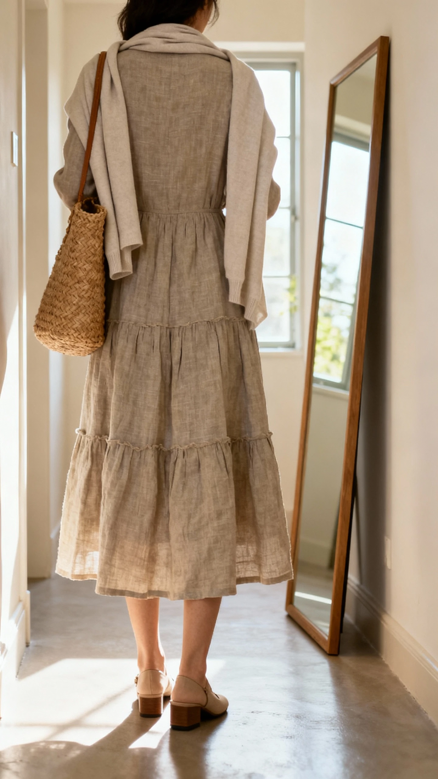 iPhone back view of a woman wearing a neutral linen A-line dress with layered texture, light cardigan draped over shoulders, woven tote, and low block heels, face not visible, hallway full-length mirror, natural daylight from window, iPhone photo quality.