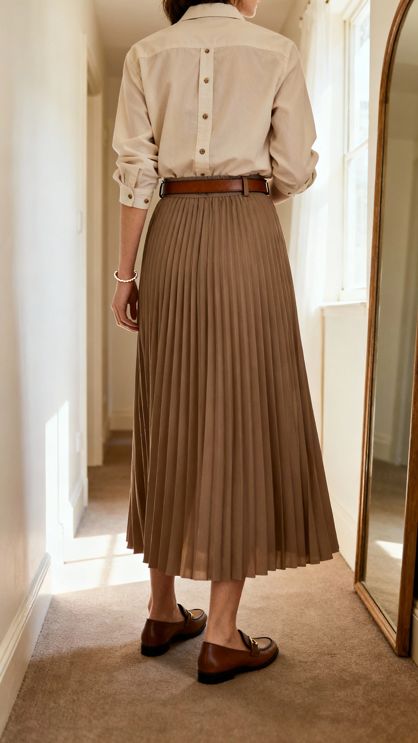 iPhone back view of a woman wearing a pleated maxi skirt with a tucked-in button-up shirt, slim leather belt, loafers, and a delicate bracelet, face not visible, hallway mirror, soft afternoon window light, iPhone photo quality.
