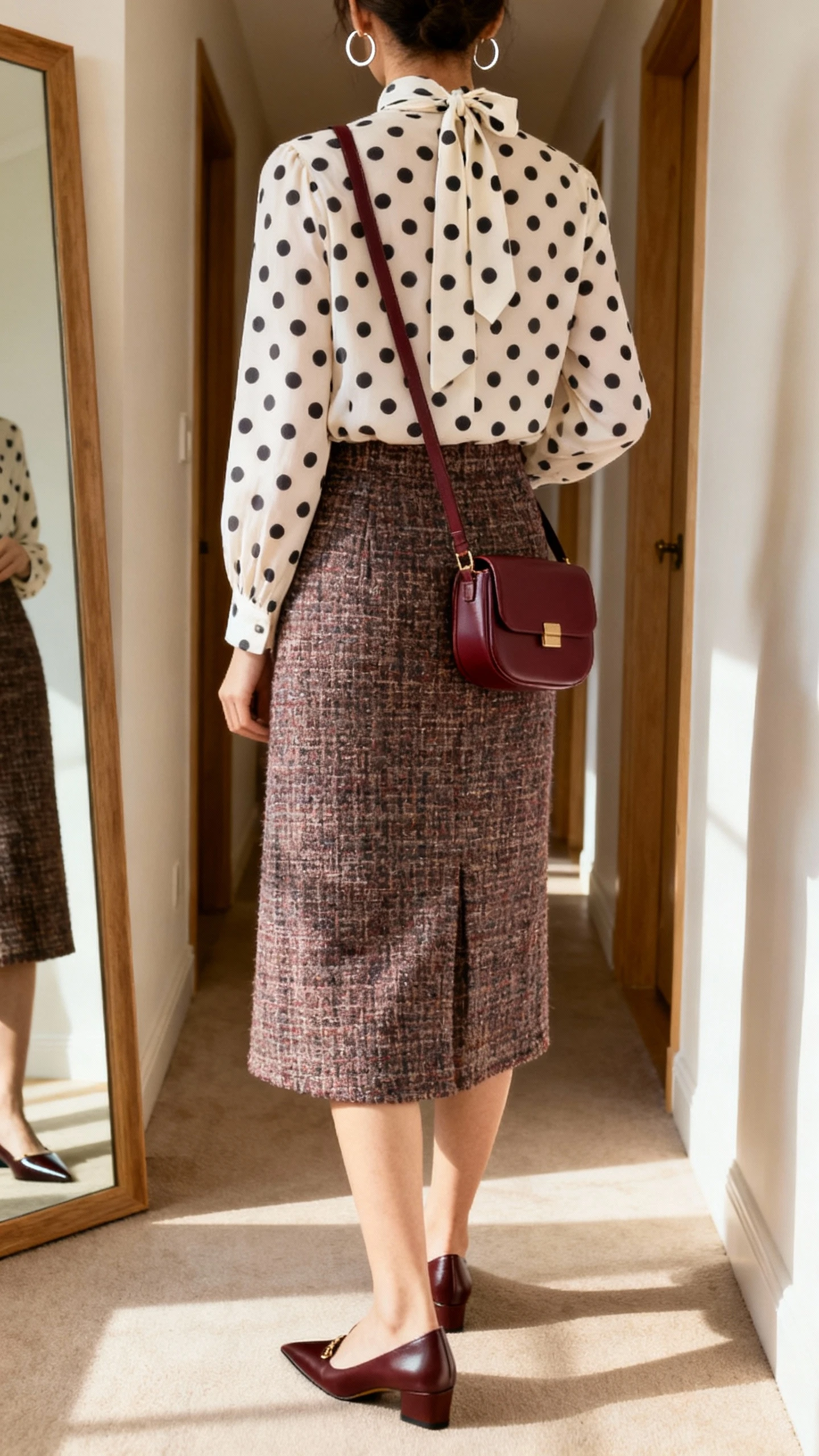 iPhone back view of a woman wearing a polka-dot tie-neck blouse, a tweed midi skirt, pointed-toe flats, a compact shoulder bag in oxblood, and simple hoop earrings, face not visible, hallway full-length mirror, morning light, iPhone photo quality.