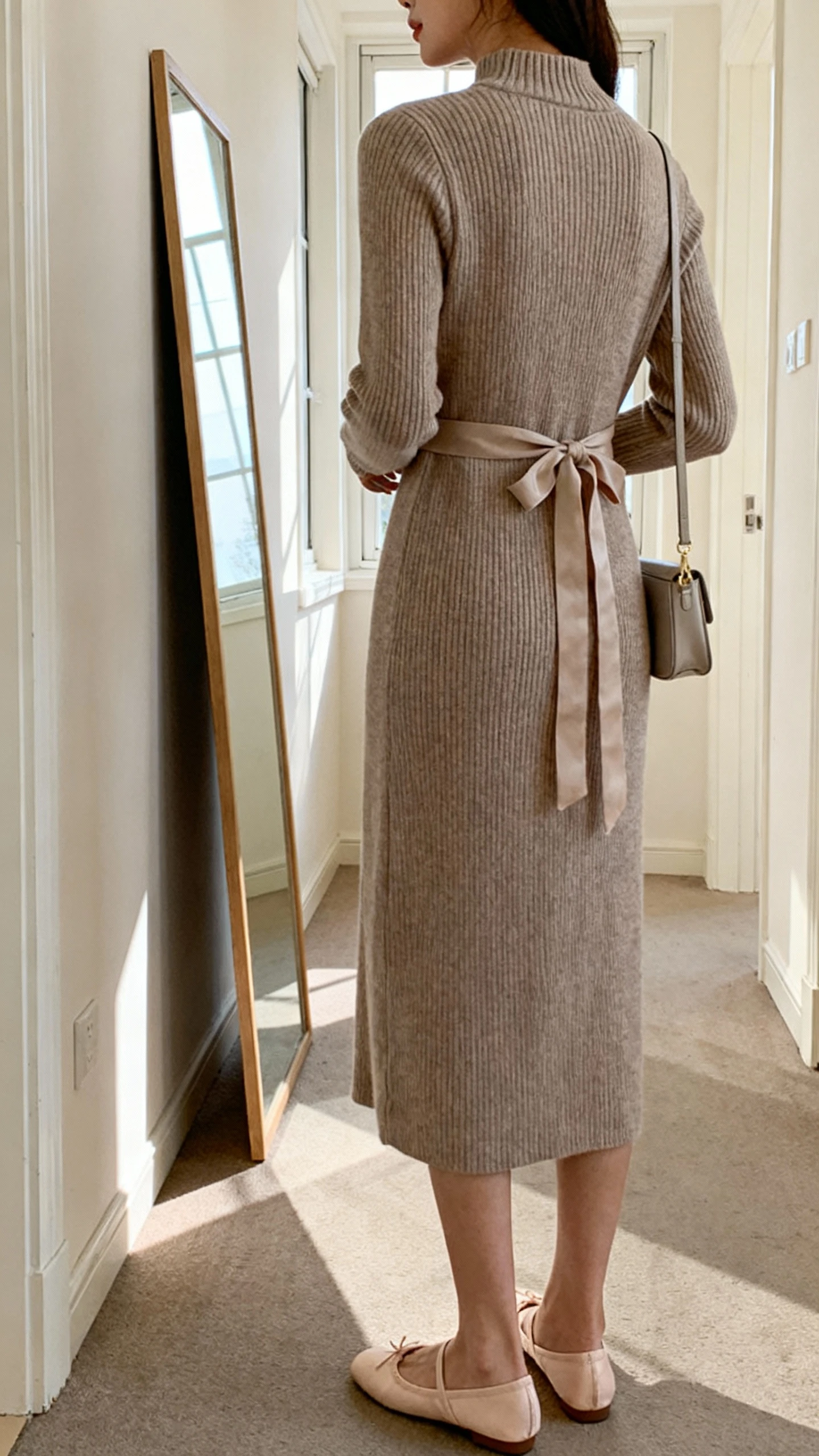 iPhone back view of a woman wearing a ribbon-waist knit dress with long sleeves, a high crew neckline, and a ribbon tie at the waist, paired with ballet flats and a small crossbody, face not visible, hallway full-length mirror, natural window light, iPhone photo quality