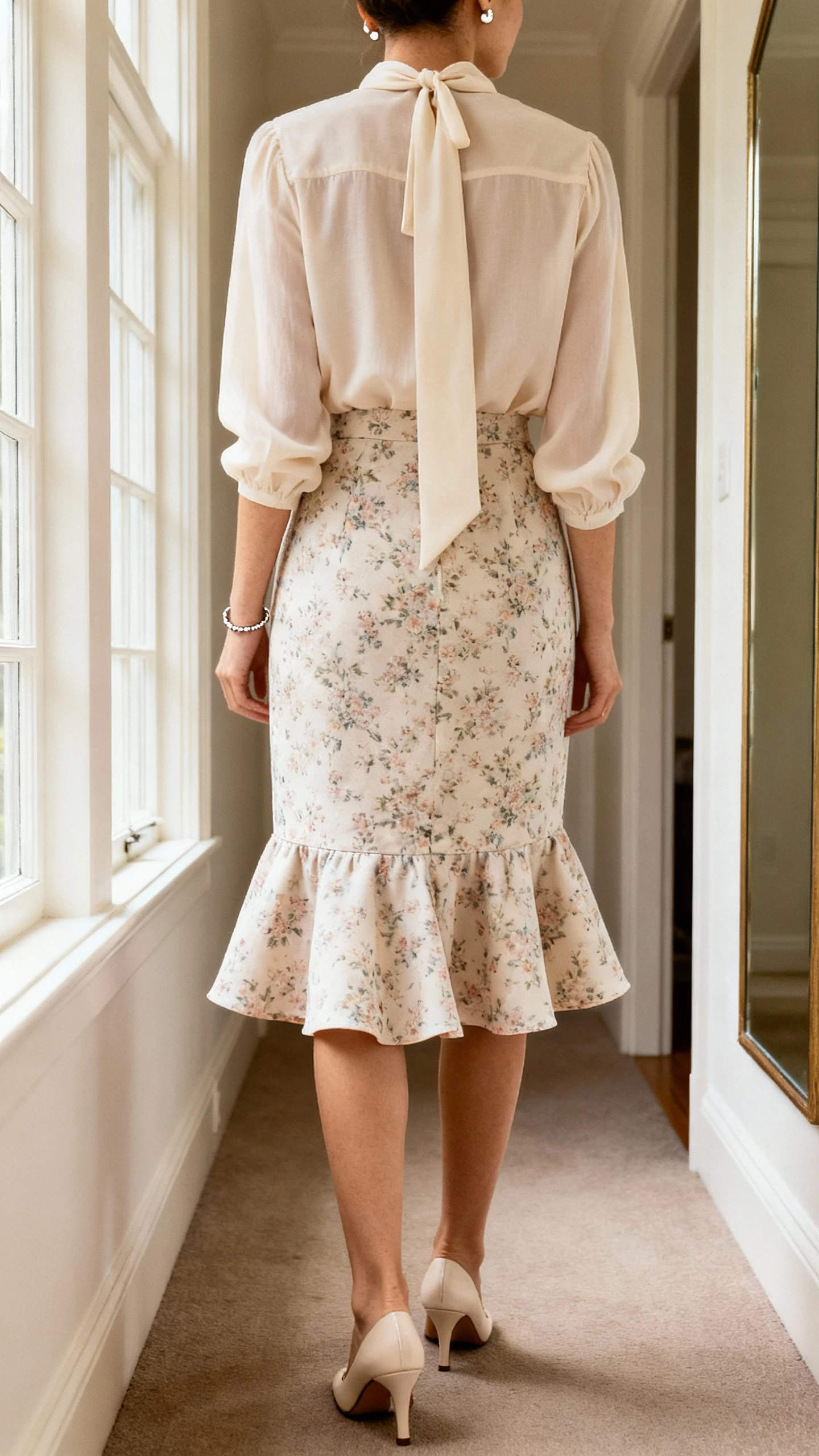 iPhone back view of a woman wearing a romantic tie-neck blouse with a subtle floral godet skirt, delicate stud earrings, slim bracelet, and kitten heels, face not visible, hallway mirror, soft daylight from window, iPhone photo quality.