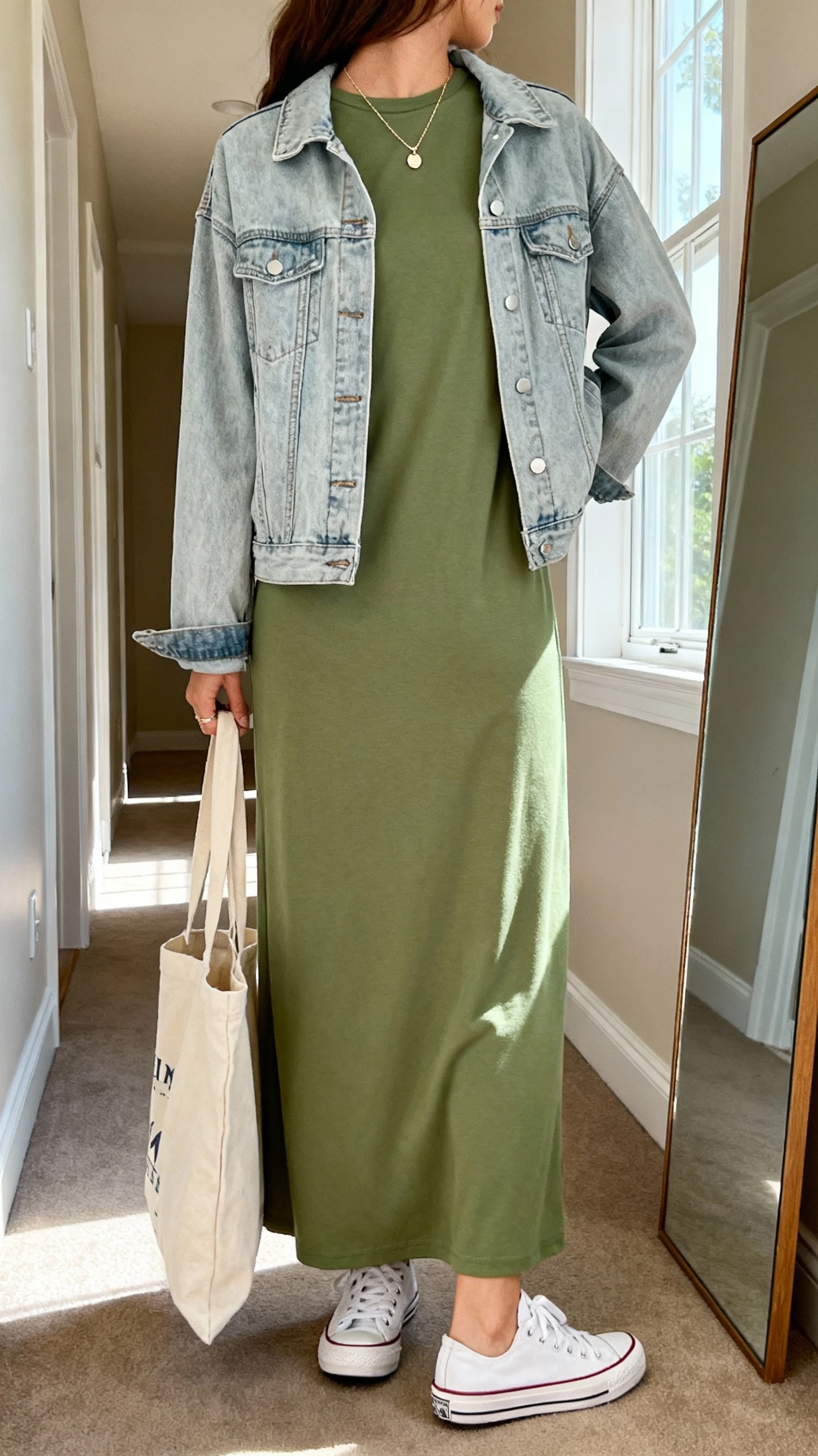 iPhone back view of a woman wearing a sage green jersey maxi dress, layered with a light denim jacket, white canvas sneakers, a canvas tote, and a dainty pendant necklace, face not visible, hallway mirror, natural daylight from window, casual iPhone photo.