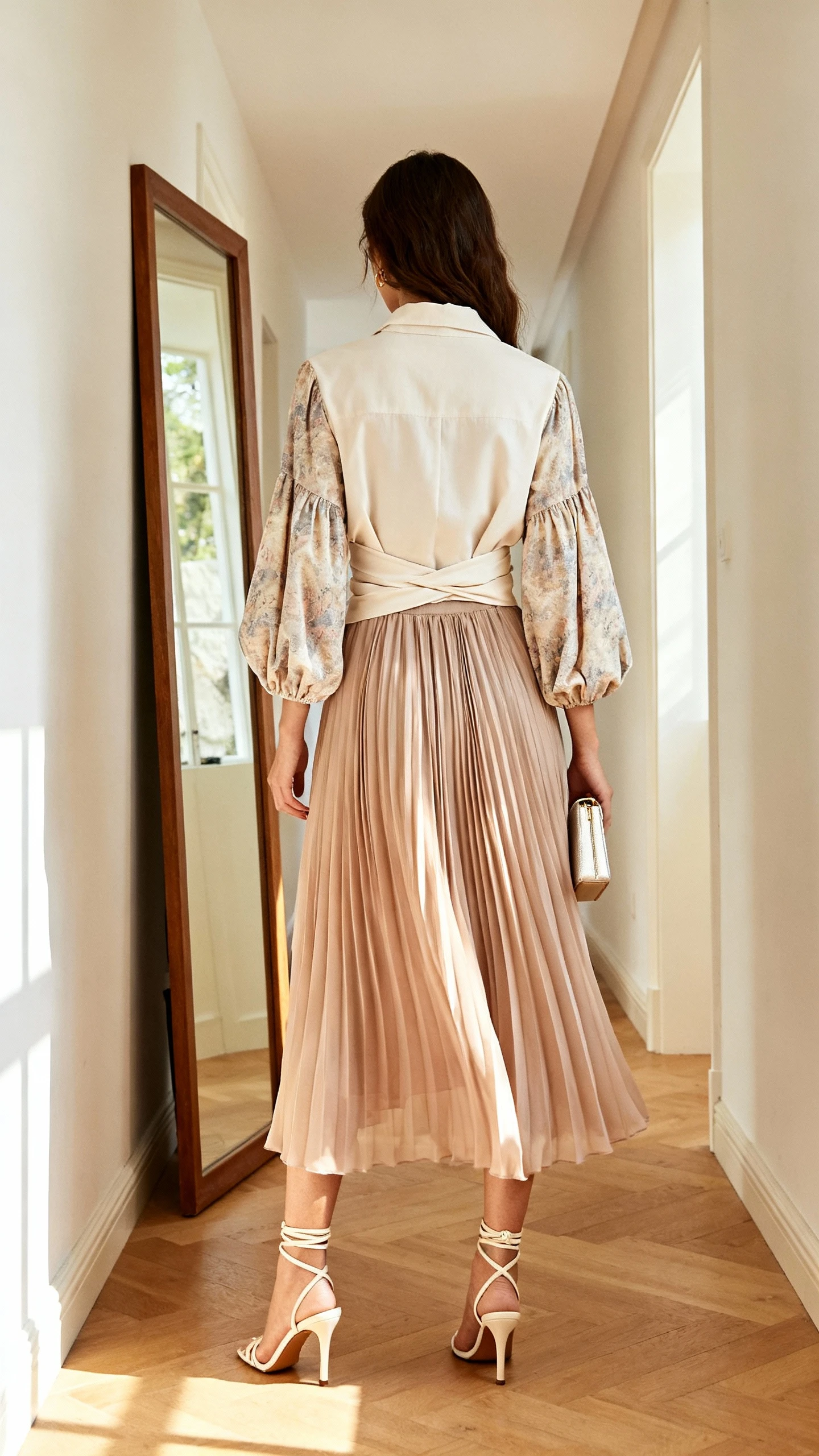 iPhone back view of a woman wearing a statement-sleeve wrap blouse with a flowing pleated skirt, ankle-strap heels, and a small clutch, face not visible, hallway full-length mirror, indoor daylight, iPhone photo quality.