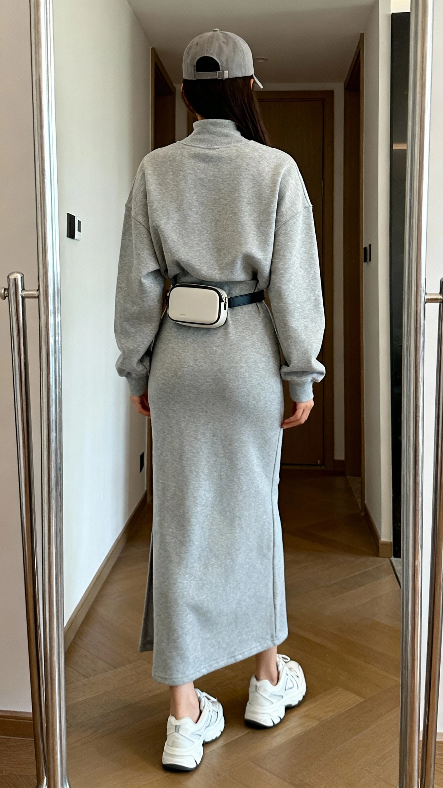 iPhone back view of a woman wearing a structured crewneck sweatshirt in heather gray over a soft jersey maxi dress with a high neckline and long sleeves, clean white sneakers, a minimal baseball cap, and a compact belt bag; face not visible, hallway full-length mirror, natural daylight, casual iPhone photo quality.