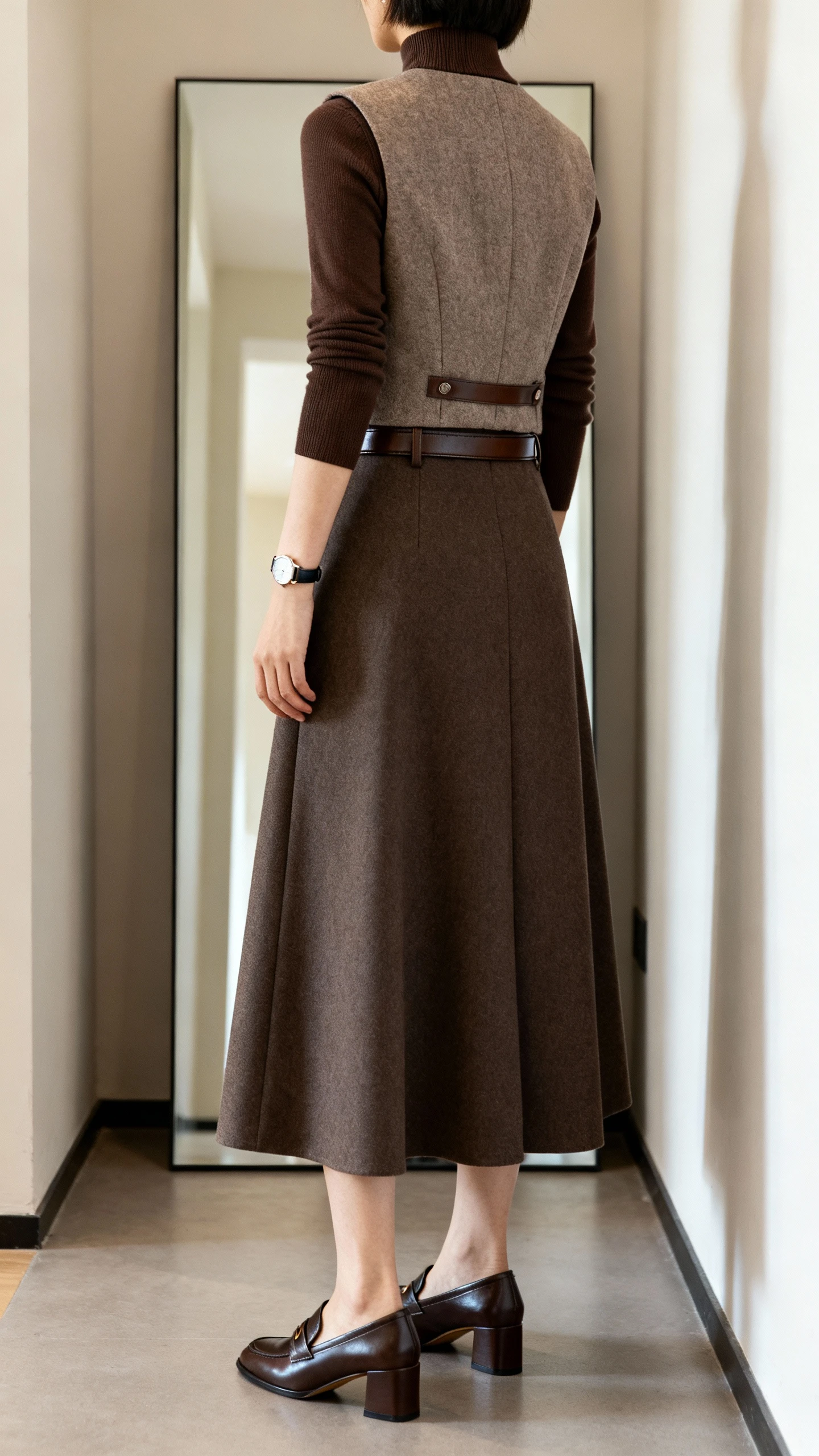 iPhone back view of a woman wearing a tailored waistcoat layered over a fitted mock-neck top, long A-line skirt, sleek leather belt, block-heel loafers, and a minimalist watch, face not visible, hallway full-length mirror with indoor lighting, iPhone photo quality.