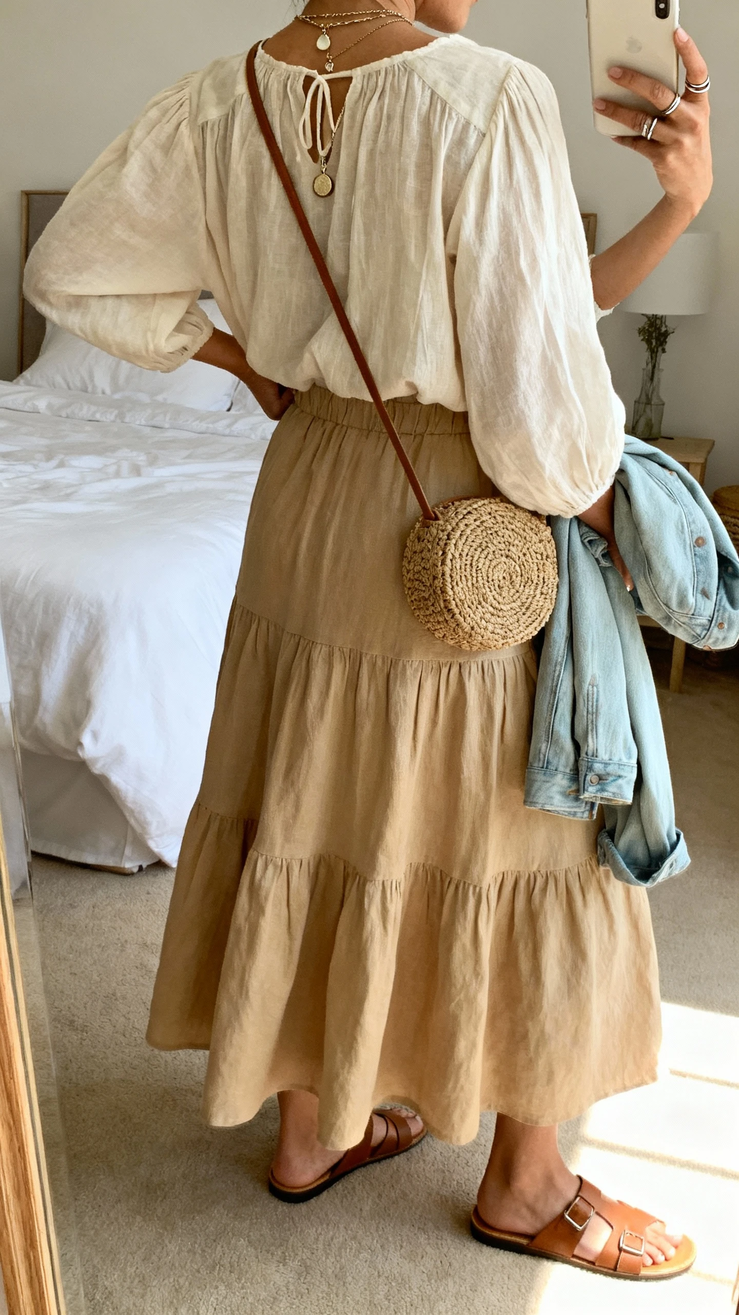 iPhone back view of a woman wearing a tiered cotton maxi skirt in sand with a breezy peasant blouse, flat leather sandals, a woven crossbody bag, layered pendant necklace and thin stackable rings; optional lightweight denim jacket draped over arm, face not visible, casual bedroom mirror, natural daylight, iPhone photo quality.