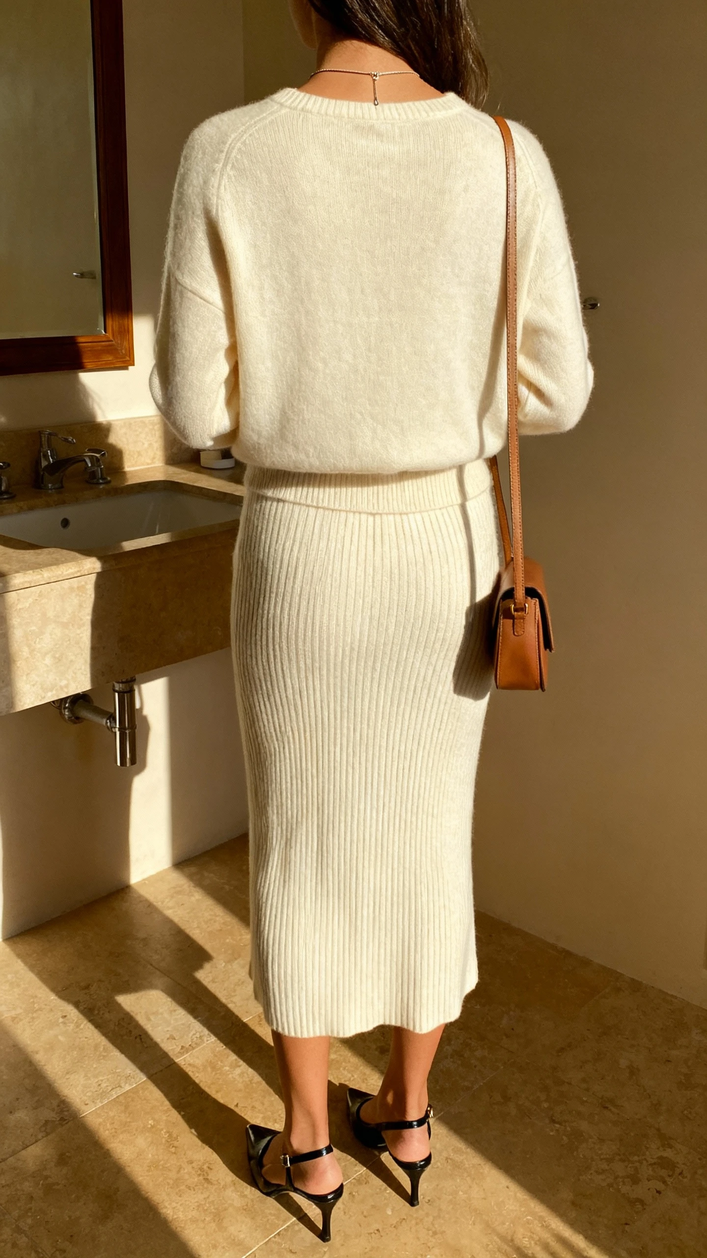 iPhone back view of a woman wearing an elegant ribbed knit set (matching midi skirt and crewneck sweater) in cream with sleek slingback heels, a thin pendant necklace, and a small leather crossbody, face not visible, bathroom mirror, warm indoor morning light, iPhone photo quality.