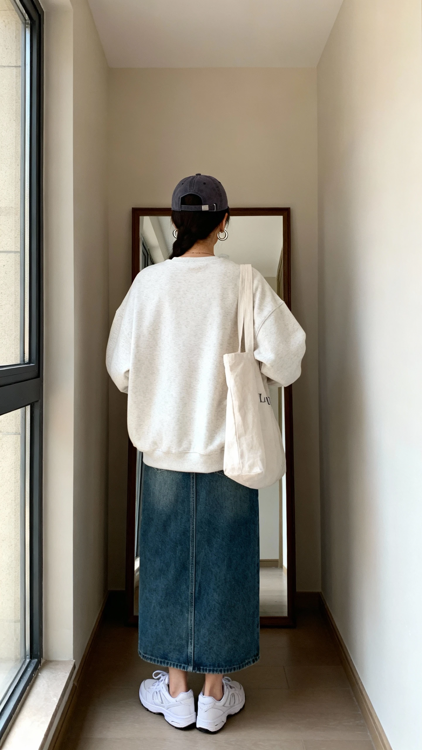 iPhone back view of a woman wearing an oversized crewneck with a maxi denim skirt, clean white sneakers, baseball cap, canvas tote, and subtle hoop earrings; face not visible, hallway full-length mirror, soft daylight from window, casual iPhone photo.