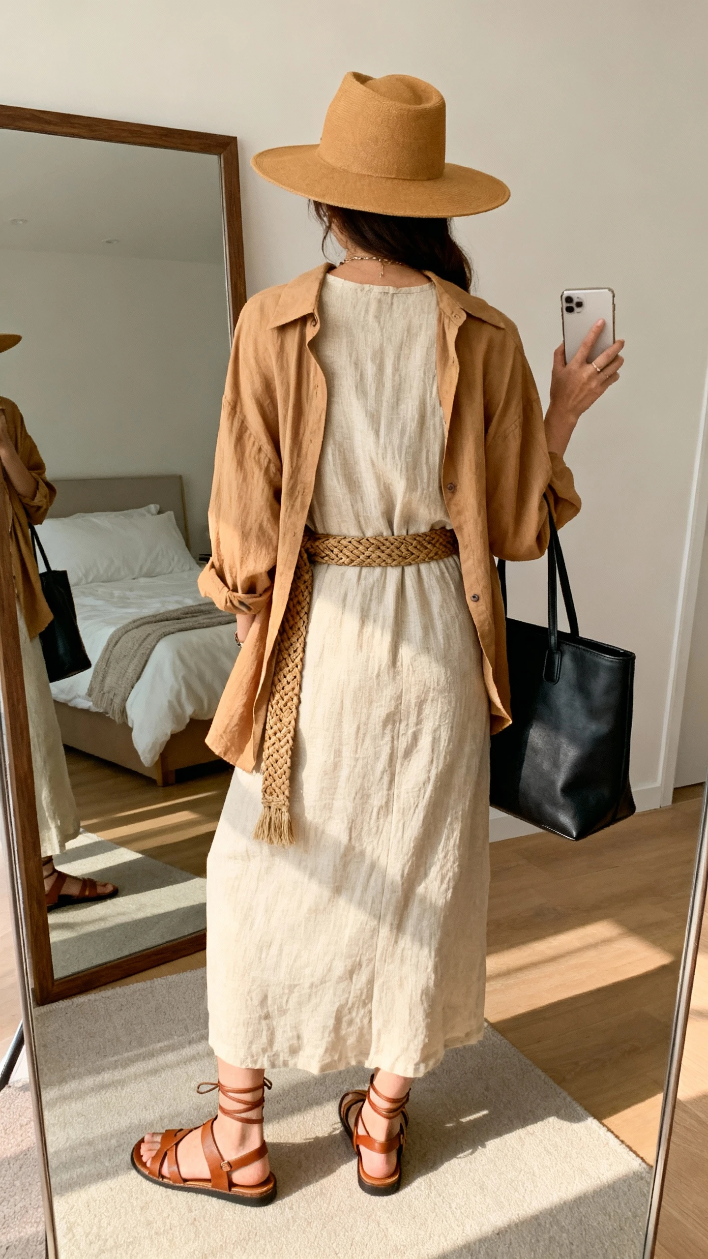 iPhone back view of a woman wearing boho linen layers with city accessories: sand linen maxi dress, oversized camel linen shirt worn open, woven belt, strappy leather sandals, structured black tote, and a wide-brim hat in tan, face not visible, bedroom mirror, natural afternoon light, iPhone photo quality.