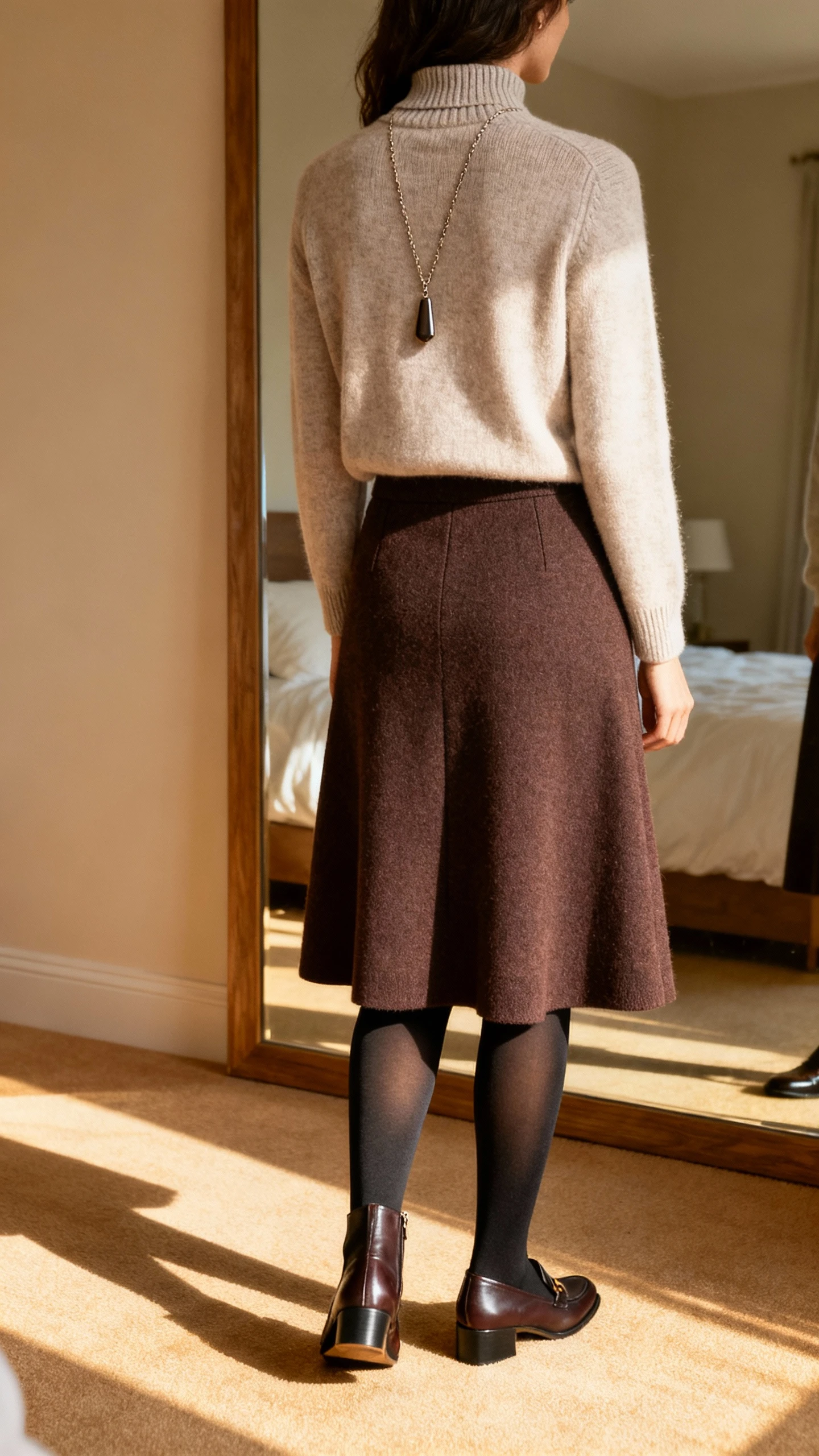 iPhone back-view photo of a woman in a lightweight sweater (fine knit/mock neck/crewneck), an A-line midi skirt in wool blend/twill/structured knit, low block-heel ankle boots or dressy loafers, opaque tights (black/espresso/charcoal) as needed, and a long pendant necklace or simple chain; face not visible, bedroom mirror, warm indoor morning light, iPhone photo quality.