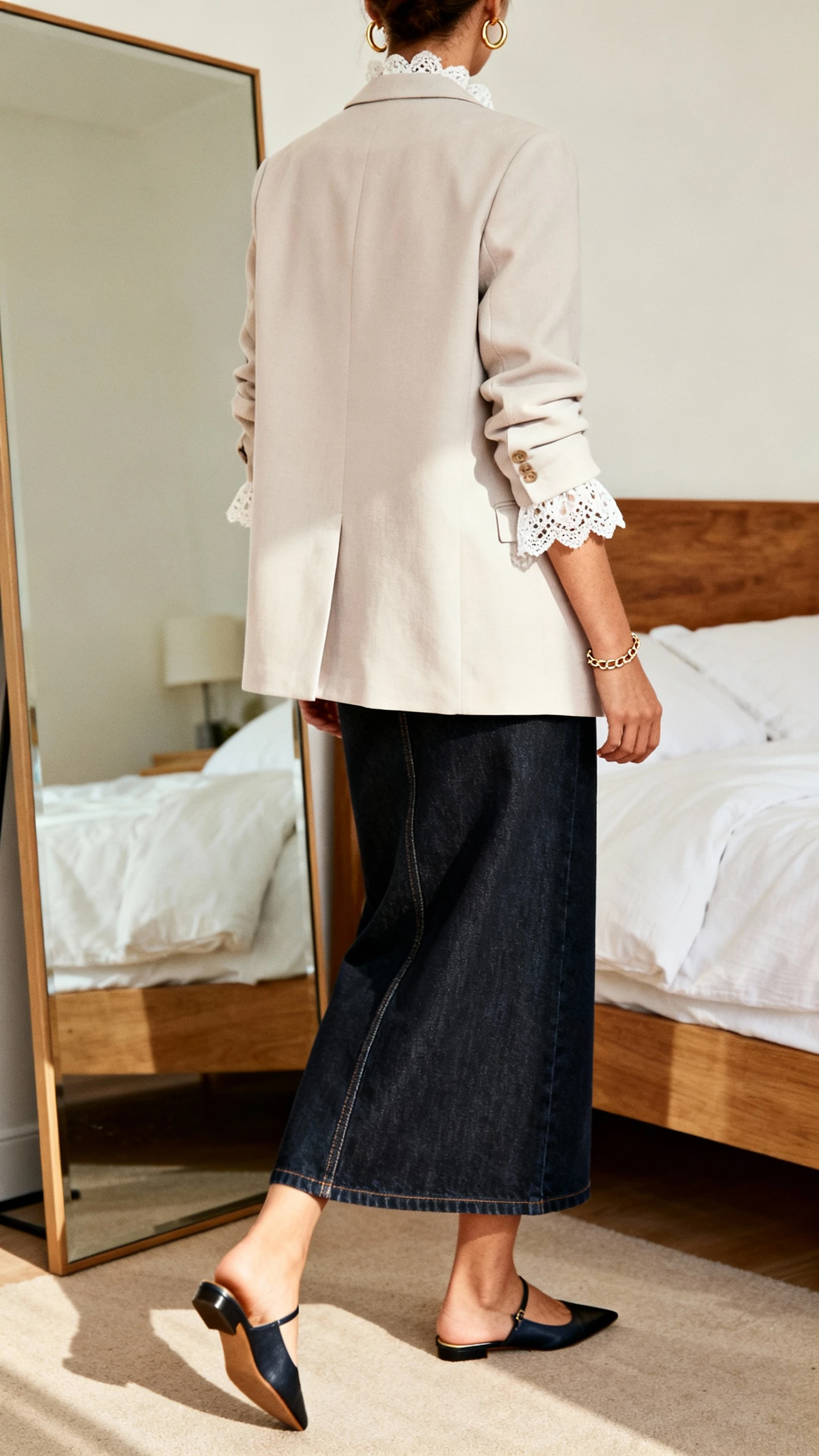 iPhone back-view photo of a woman wearing a full-length dark-wash denim skirt (straight cut), a lace-trim blouse, a soft blazer, pointed closed-toe flats, minimal gold hoops, and a dainty chain bracelet, face not visible, walking pose past a bedroom mirror, natural daylight, iPhone photo quality.